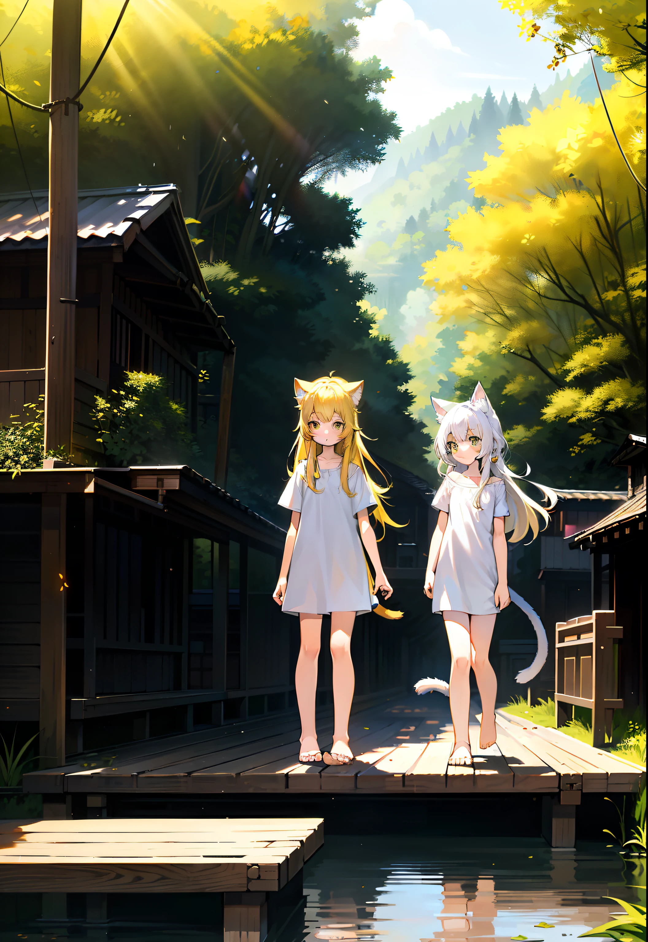 Yellow hair，Cat ears,a cat tail,dark hazel eyes，Loli body， old,Pure white short sleeves，Expose the left shoulder，naked leg，Barefoot，standing on your feet。yellow long hair。Whole body diagram,illustration。River side。