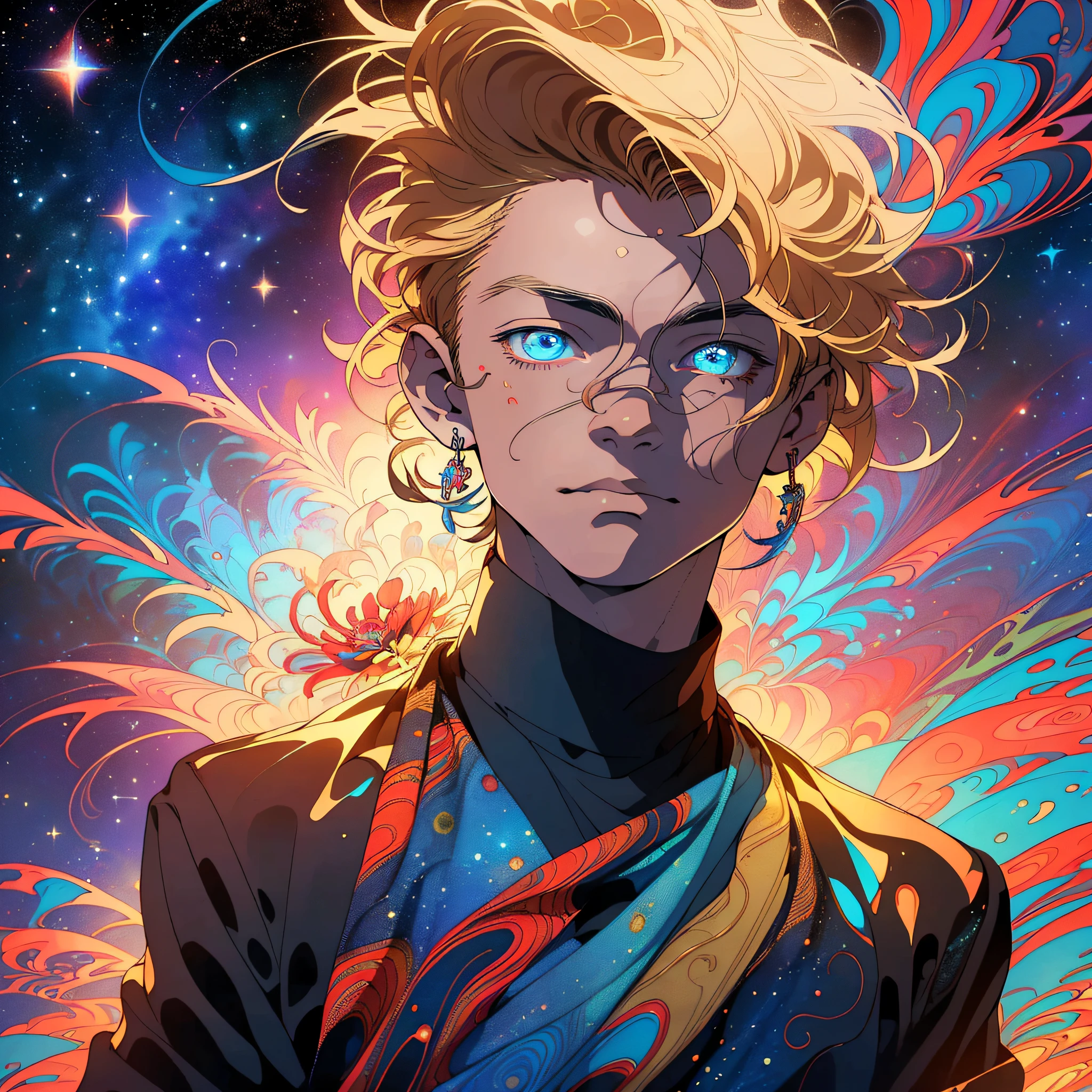 Realistic, (Masterpiece, Top Quality, Best Quality, Official Art, Beauty and Aesthetics: 1.2), Very Detailed, Fractal Art, Colorful, Most Detailed, Zentangle, (Abstract Background: 1.5) (1boy: 1.3), God, Blonde Hair, Short Hair, (Glowing Blue Eyes), Mysterious, Starry Sky, Handsome Man, (((Lycoris radiata)))