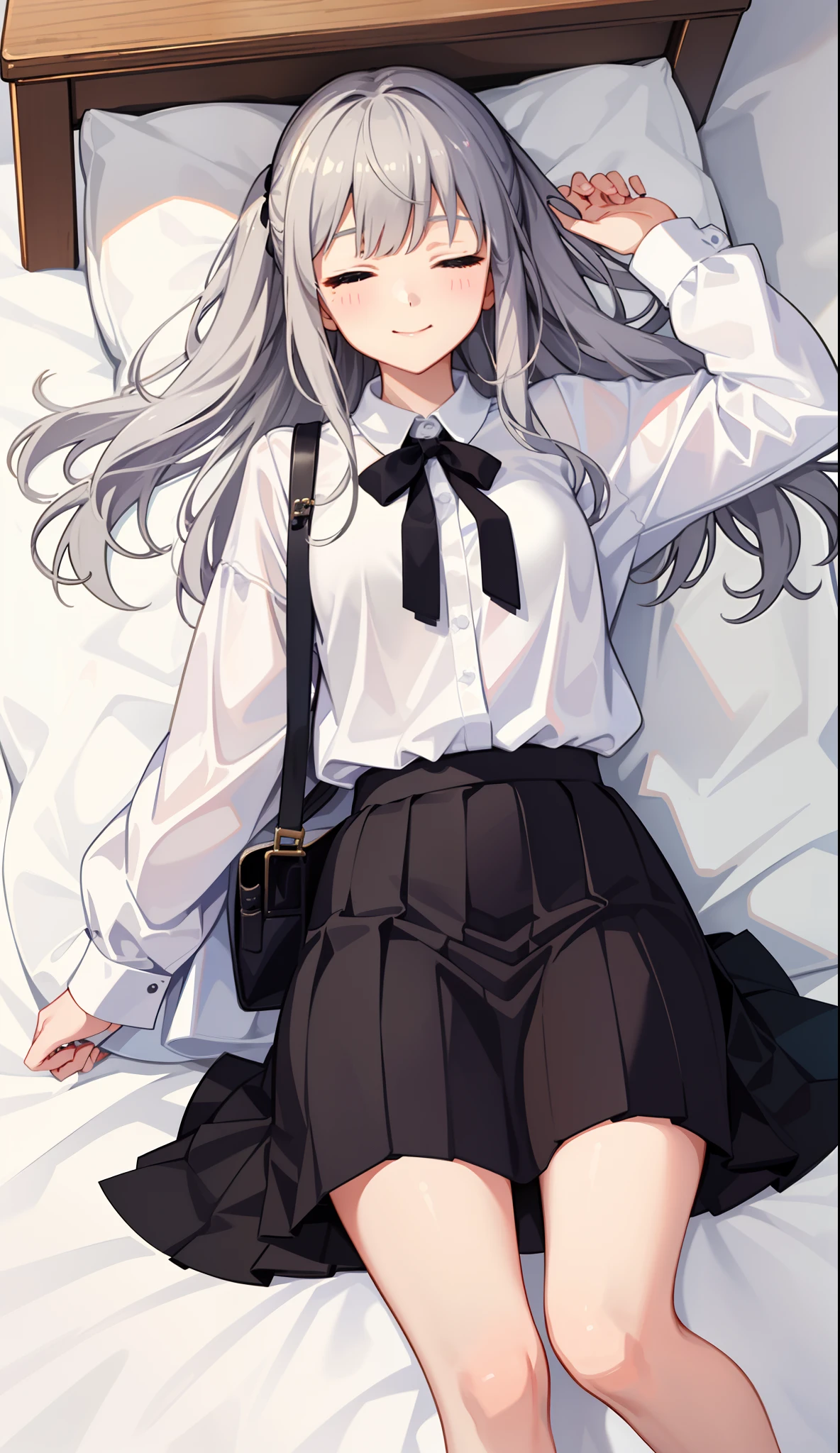 1girl in、A smile、A delightful!　The shirt、pleatedskirt、White skirt、（small tits）Sleeping in large letters、