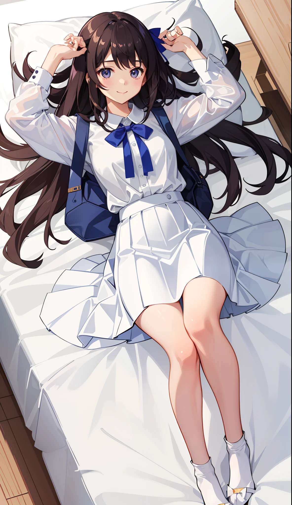 1girl in、A smile、A delightful!　The shirt、pleatedskirt、White skirt、（small tits）Sleeping in large letters、