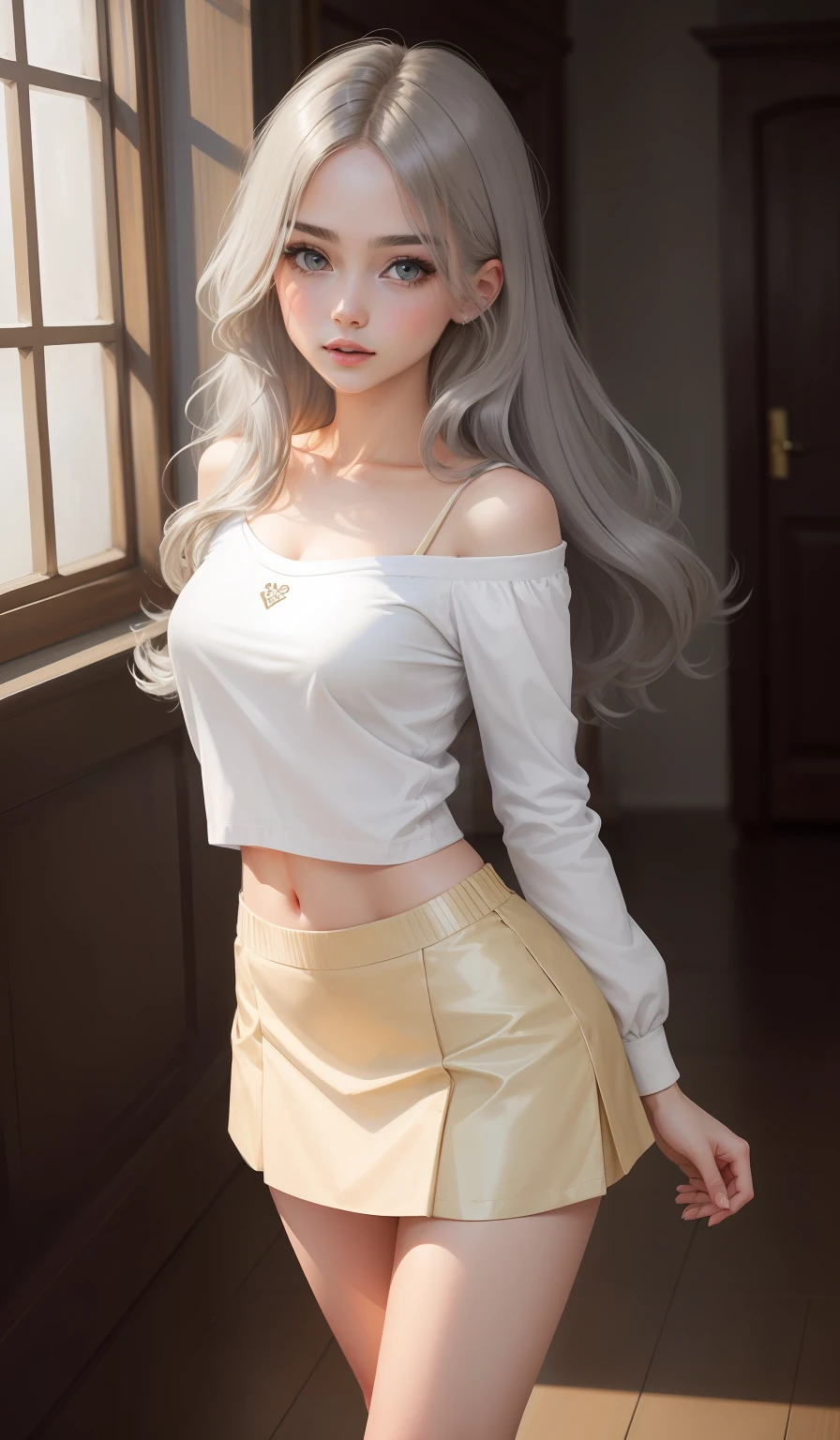 a woman in a casual clothing, white long sleeve T-shirt and circle skirt ,converse shoes, 17 years old, adult face, shoulder length slightly wavy hair, ((mix of champagne and taupe grey coloured hair)) and gleaming detailed vibrant gold eyes, slim frame, medium breasts, long legs, beautiful face, medium butt size, small feet size, small hand size, perfect hands, scary face, beautiful face, pretty face, hot woman, British woman, cream skin, small soft pink lips , small to medium breast size, sharp features, slim hourglass figure, ashen hair, soft features