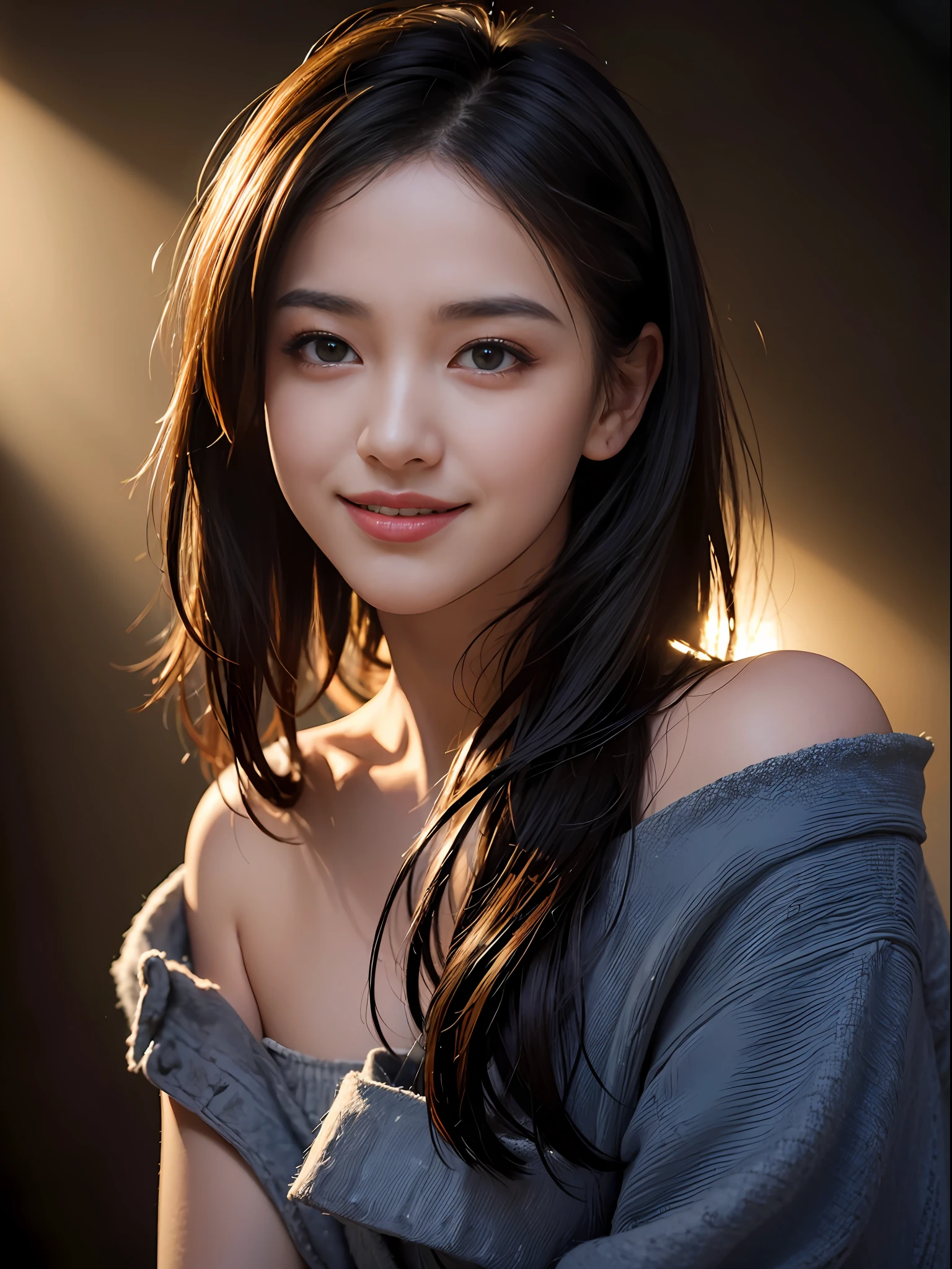 Best quality, masterpiece, ultra high res, (photorealistic:1.4), raw photo, 1girl, offshoulder, in the dark, deep shadow, low key, cold light, smile, warm light