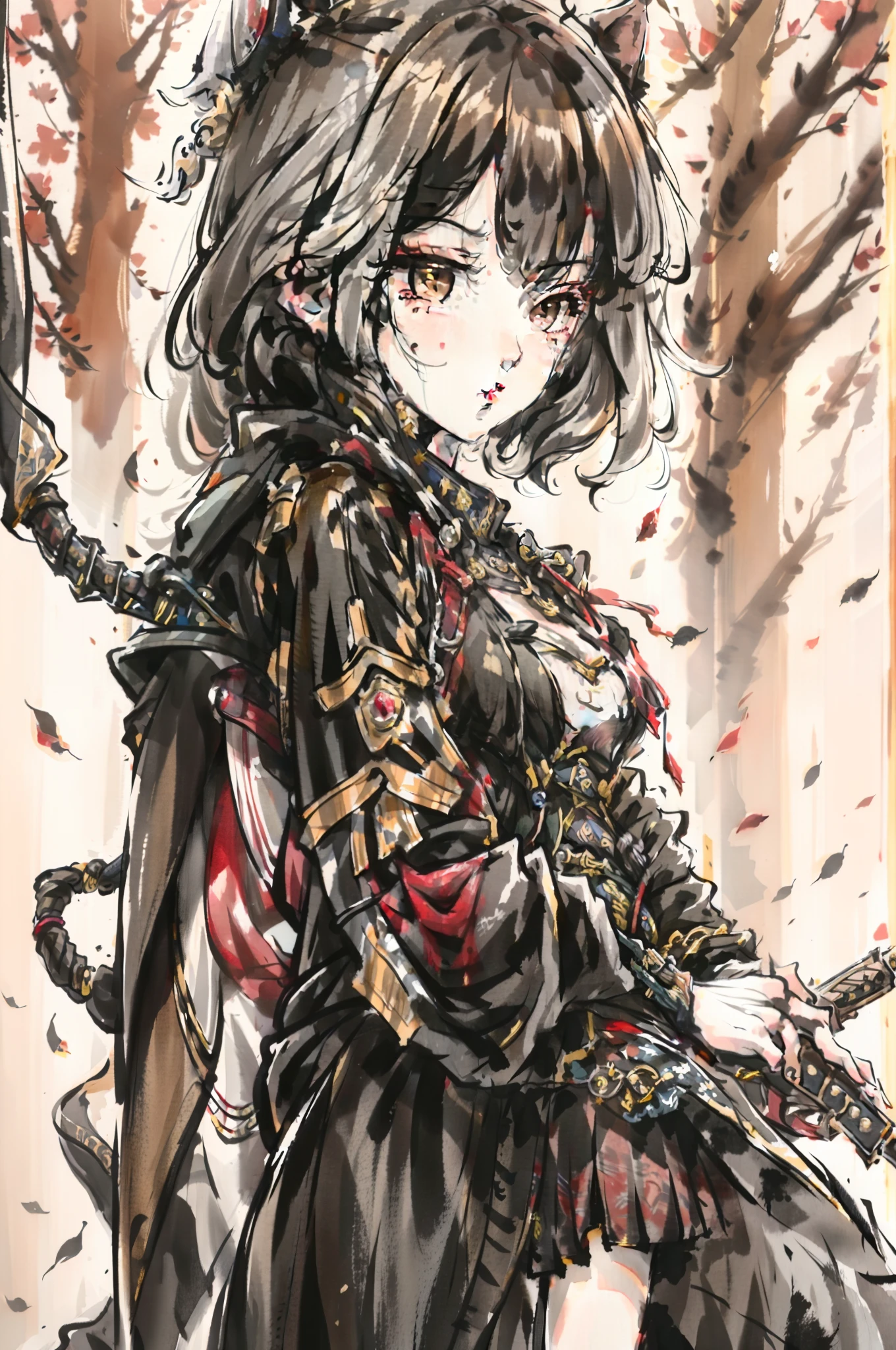 Female Warrior,Ink wind,Don Dao,a black trench coat,Pull the knife,Blood on the face