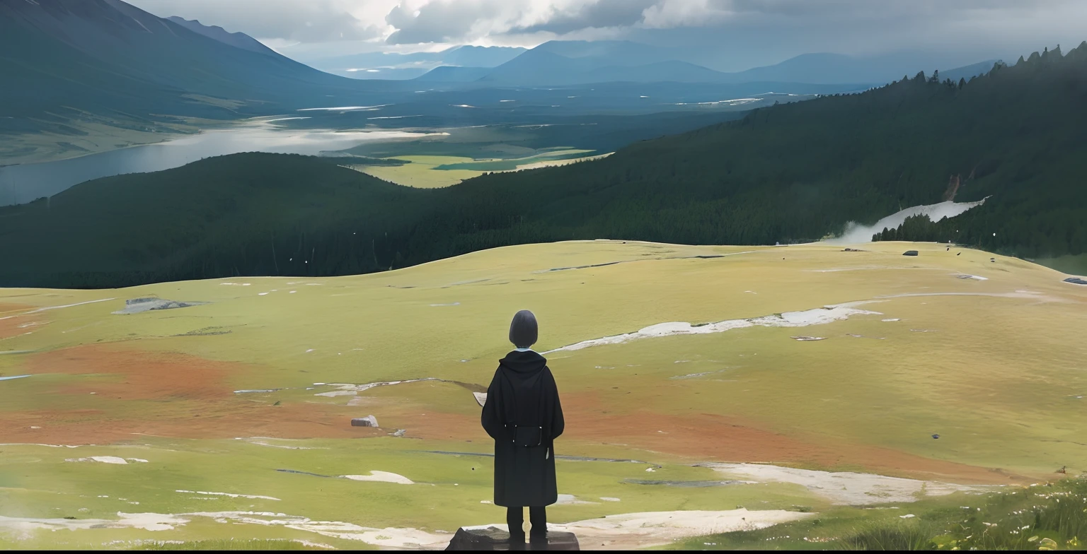 ((mountain peaks),(Stay away from the crowds),+,downpours,The clouds are thick,+,It's dark,Character backs,standing on top of a mountain)+(immensity, Solitude, mistic)