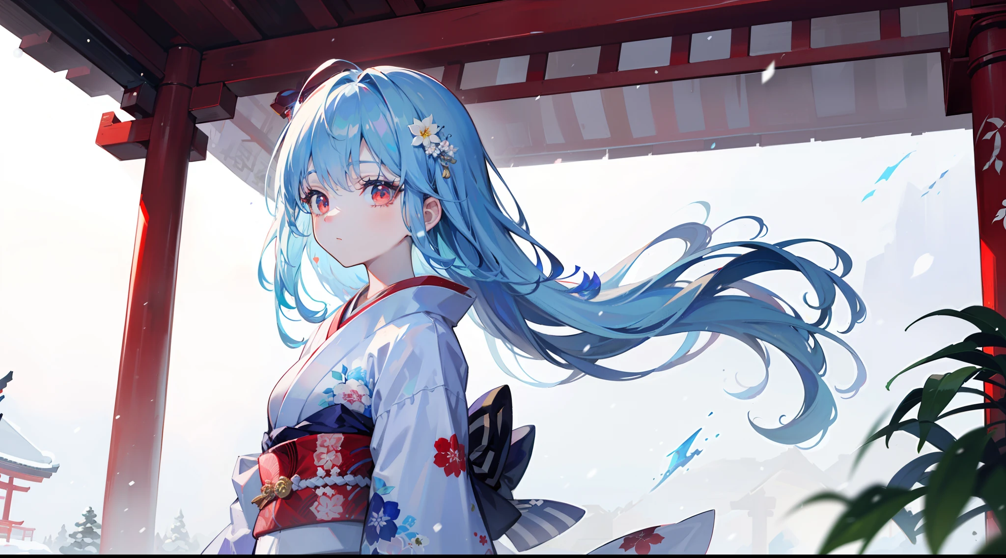 artistic photograph, Real light and shadow on asnowy day,Distant European style architecture,On the Shinto shrine,((kimono with a white background and colorful floral patterns)),1 beautiful girl，,shy,The upper part of the body,Lateral face，light blue hair，(((Long light blue hair))),(((Red eyes))),(long hair),（snowyl），windy,snowing heavily,