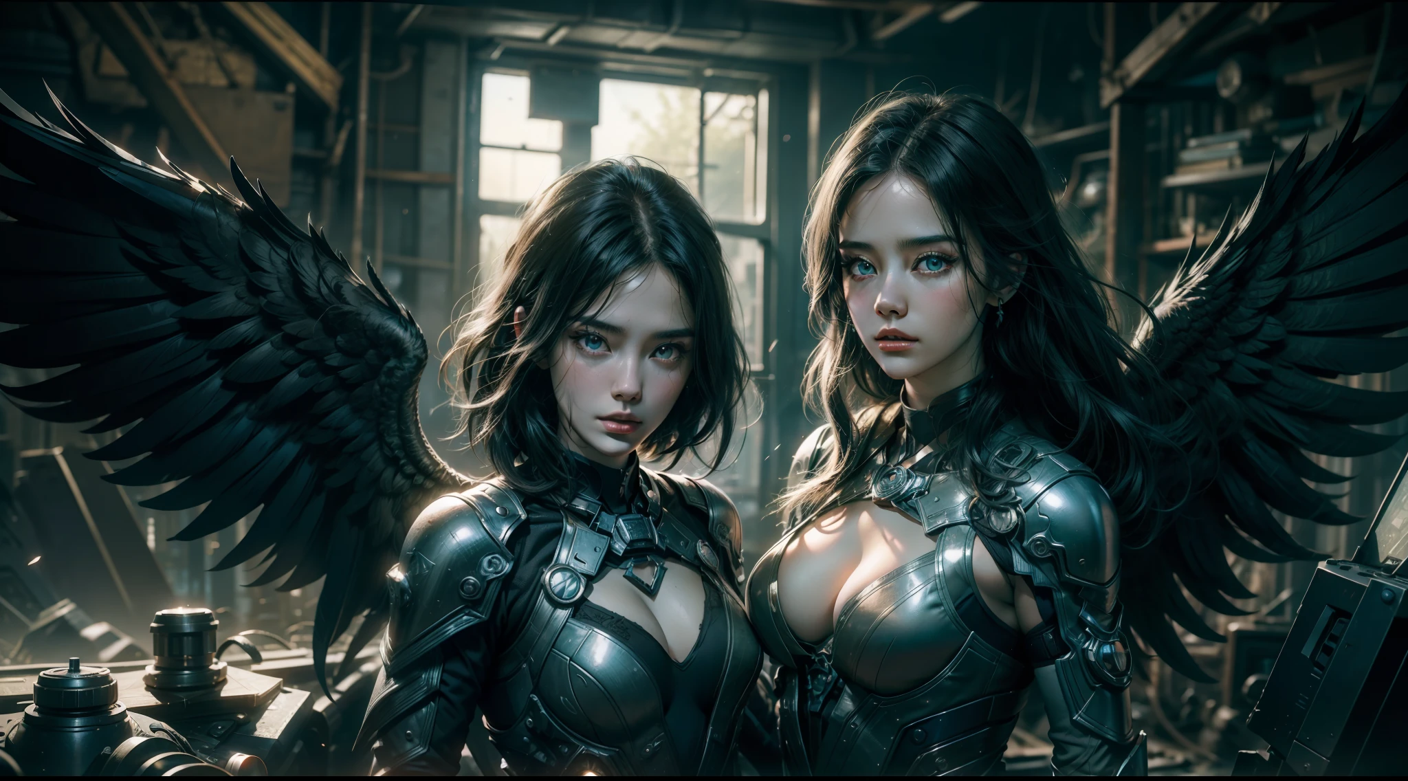 ((best qualtiy)), ((tmasterpiece)), ((Realistis)), (A detailed), (realisticlying:1.5),illusory engine, (High detail: 1.9),(femele:1.4),(big breasts beautiful: 1.4),(carismatic:1.3), (Large breasts), Female angel,Black feathered wings,beuaty girl,beauitful face, looking at viewert, dynamicposes, postapocalyptic, Destroyed city background, scientific fiction, hdr, Ray traching, NVIDIA RTX, Hyper-Resolution, Unreal 5, sub surface scattering, PBR textures, Post-processing, Anisotropic filtering, depth of fields, Maximum clarity and sharpness, trichotomy,8K original,(Luminous Particle:1.4),(VerydetailedCG,Unity 8k壁纸,cinmatic lighting,lens flare glow),Reflectors,Sharp focus,black toga,Raised sexy