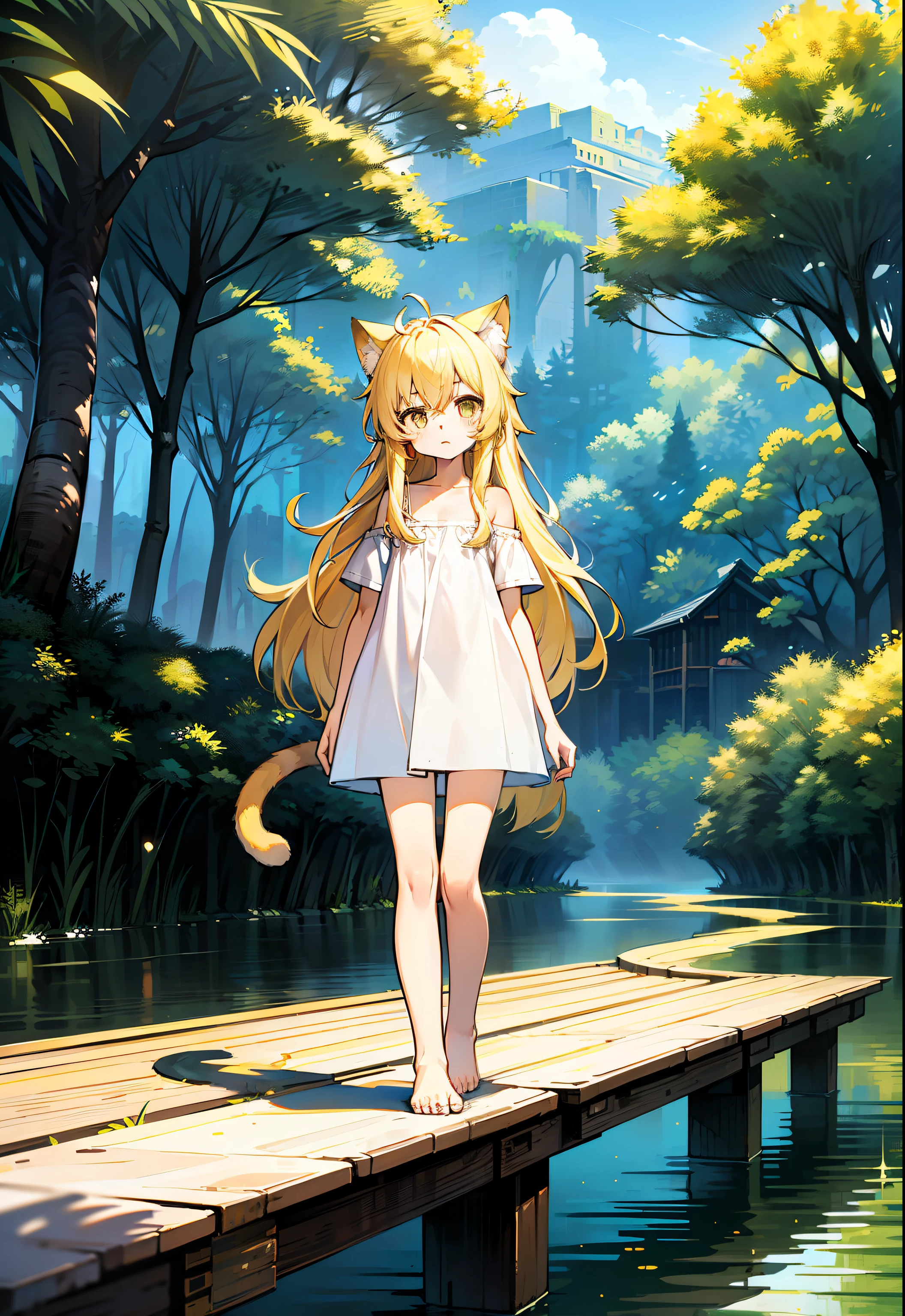 Yellow hair，Cat ears,a cat tail,dark hazel eyes，Loli body， old,Pure white short sleeves，Expose the left shoulder，naked leg，Barefoot，standing on your feet。yellow long hair。Whole body diagram,illustration。River side。