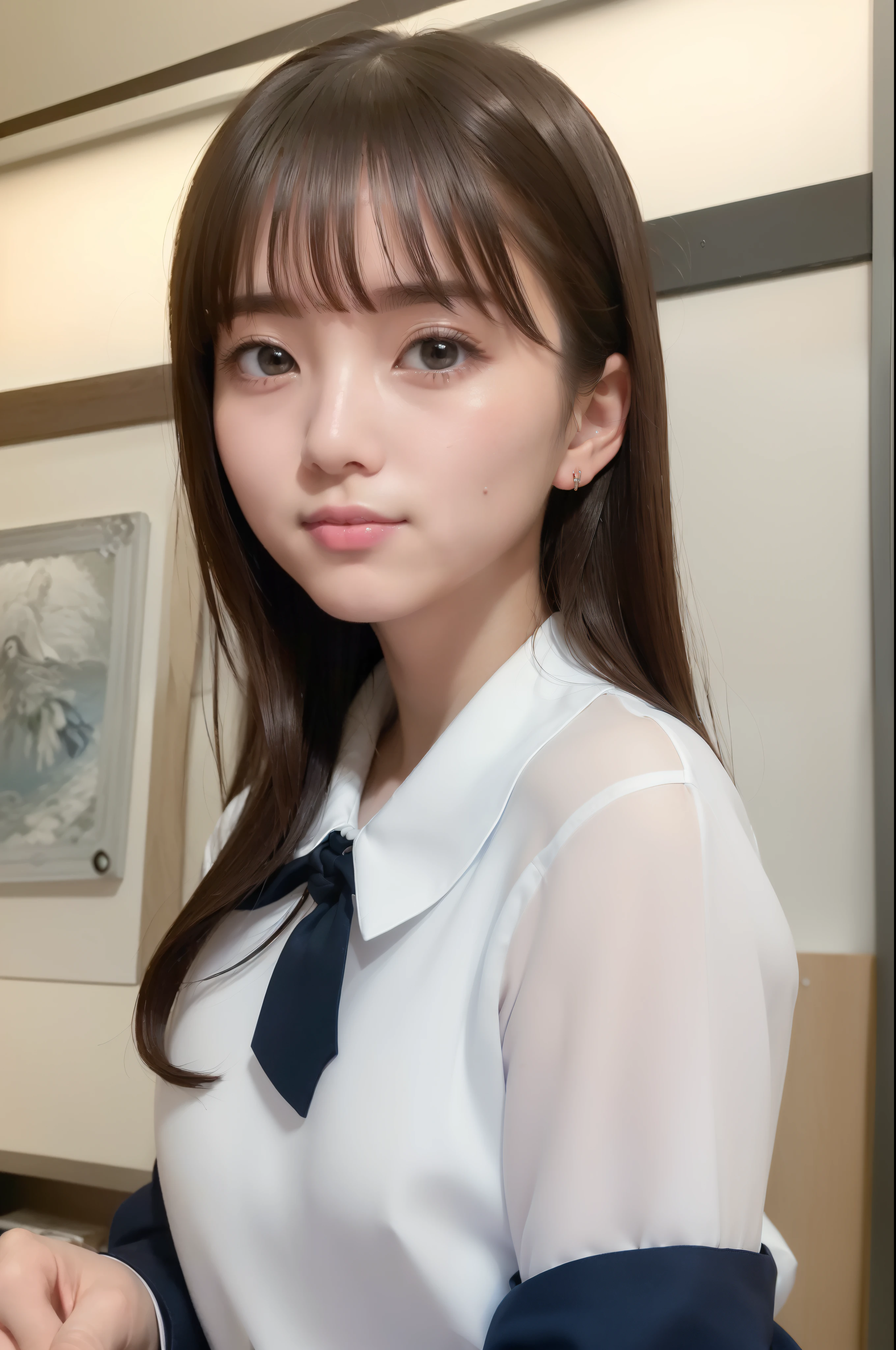 (8K、top-quality、masterpiece:1.2)、(realisitic、Photorealsitic:1.37)、ultra-detailliert、1womanl、 20yr old、独奏、((Beautiful ribbons))、(((A dark-haired)))、(a smile:1.15)、beautiful finely detailed eyes、(shirt with collar:1.1)、business clothes、(short-hair:1.2)、 (((Art Room)))、 Plaster cast