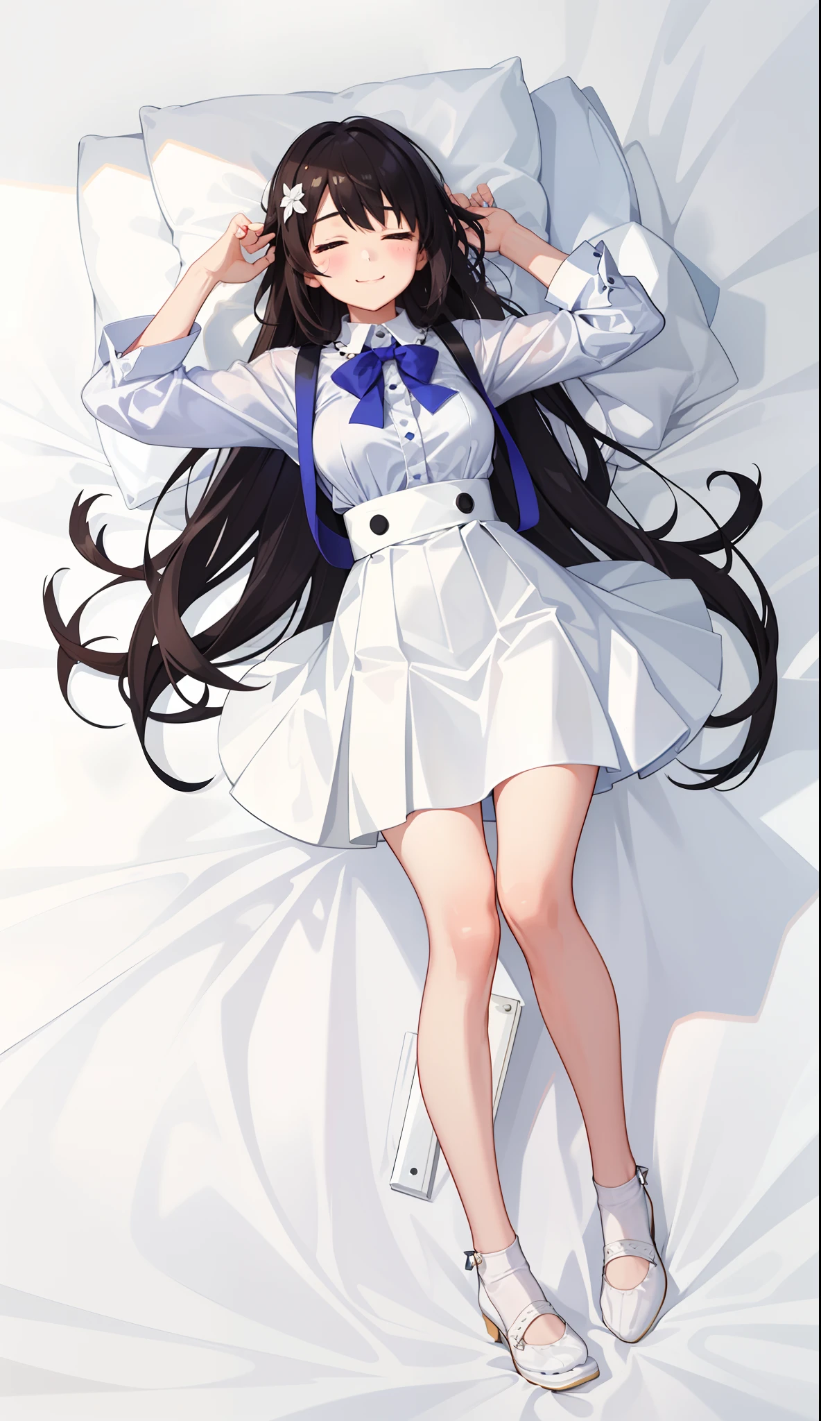 1girl in、A smile、A delightful! The shirt、pleatedskirt、White skirt、(small tits)Sleeping in large letters、
