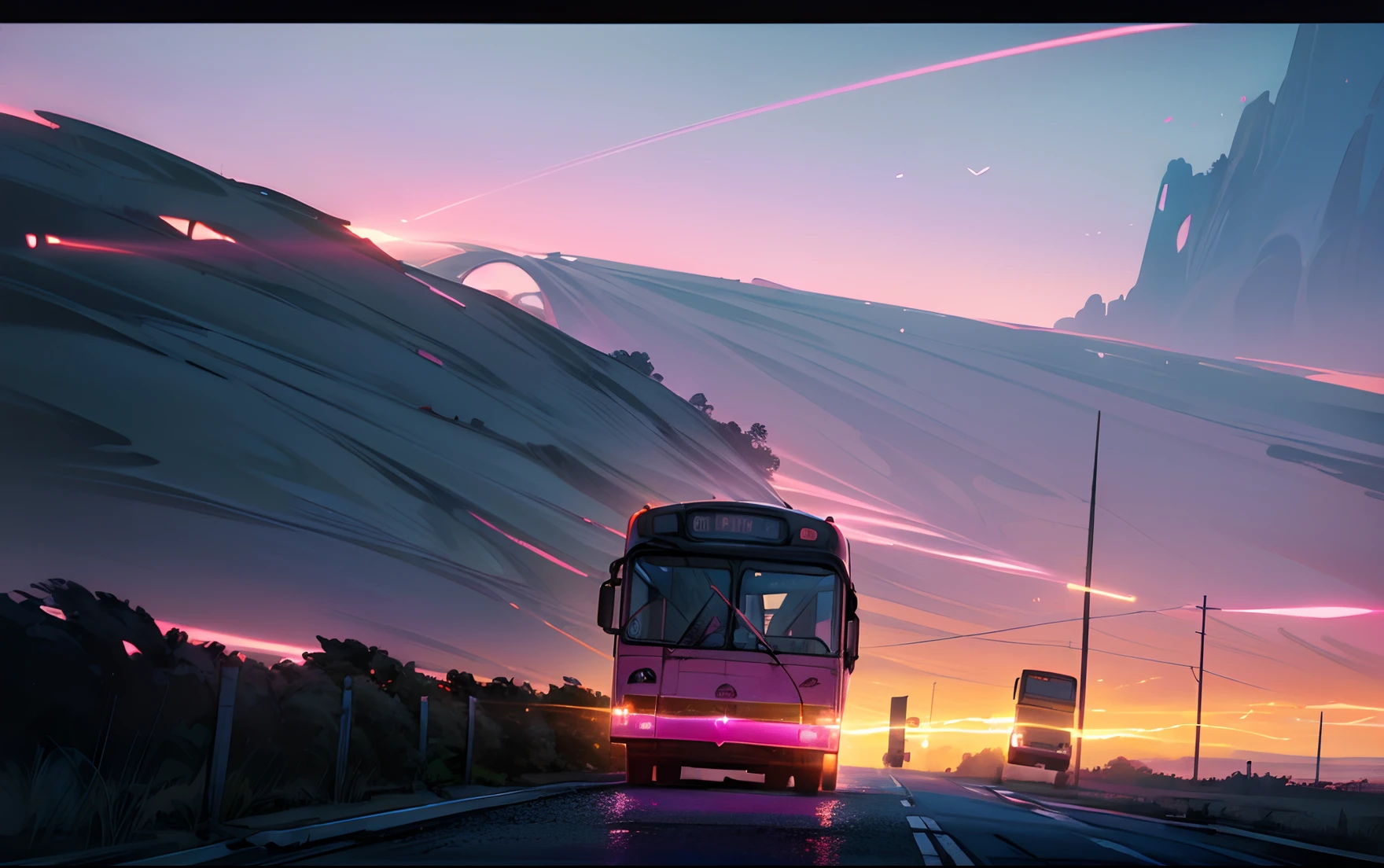 (a cross-country adventure, dynamic road trip vibes:1.3), a bus bound for the horizon, (heading westward into the unknown:1.2), (windshield alive with hues of vibrant pink:1.2), (fleeting reflections dance on the surface of sleek metal:1.2), (touches of pink graze the weathered side, a gentle caress:1.1), (blue bus, showing its well-traveled history through dents and scars:1.1), (capturing the fleeting interplay of color and motion:1.1), (framed by a wide-angle lens, capturing the vastness of the journey:1.2), (a Canon EOS 5D Mark IV, the perfect companion for capturing the road's essence:1.2), (embracing the harmonious contrast between the modern and the worn:1.1), (conjuring a sense of freedom and anticipation in the open road:1.1), (where every mile carries a story, painted in shades of pink and blue:1.1).