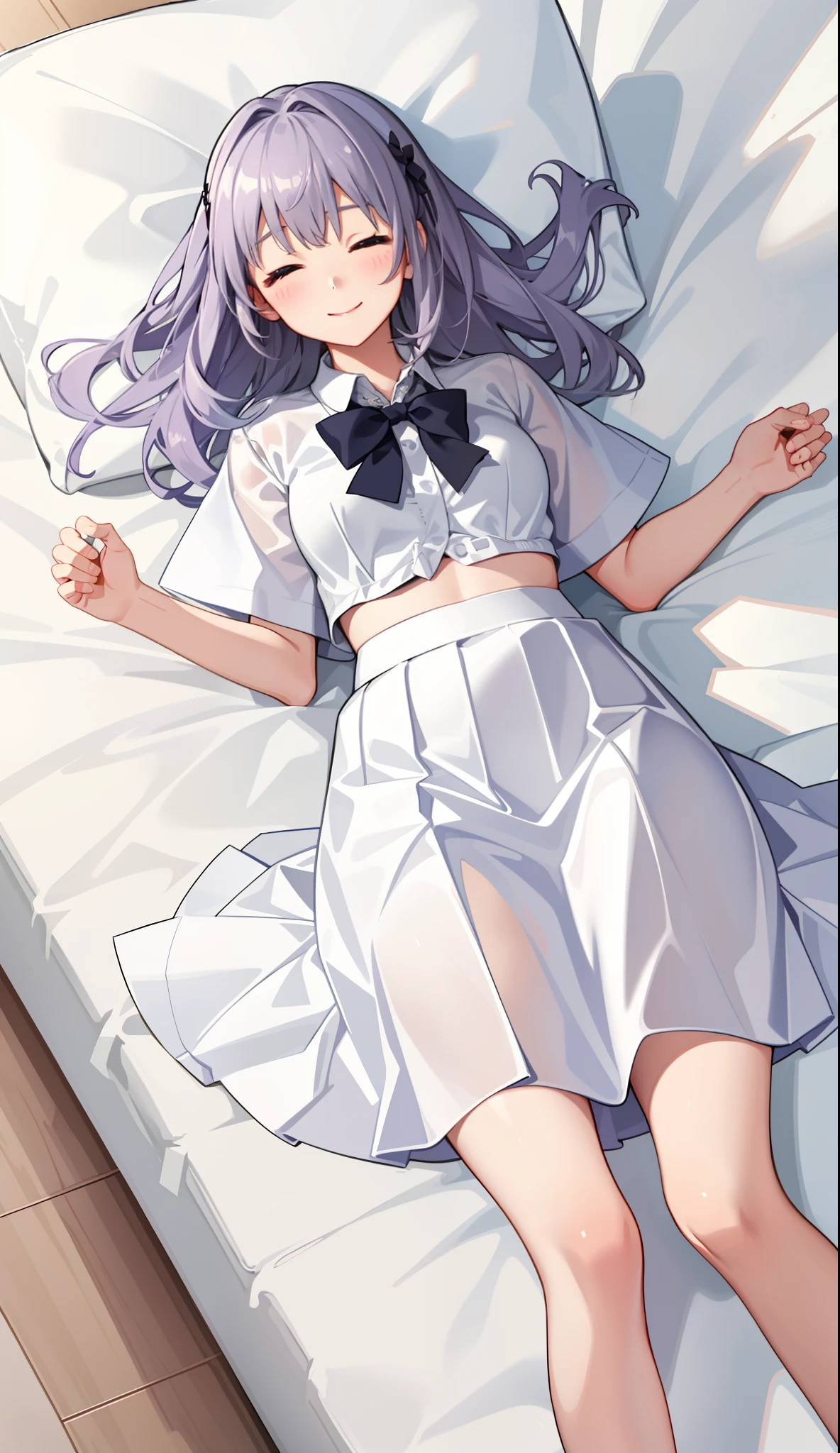 1girl in、A smile、A delightful! The shirt、pleatedskirt、White skirt、(small tits)Sleeping in large letters、