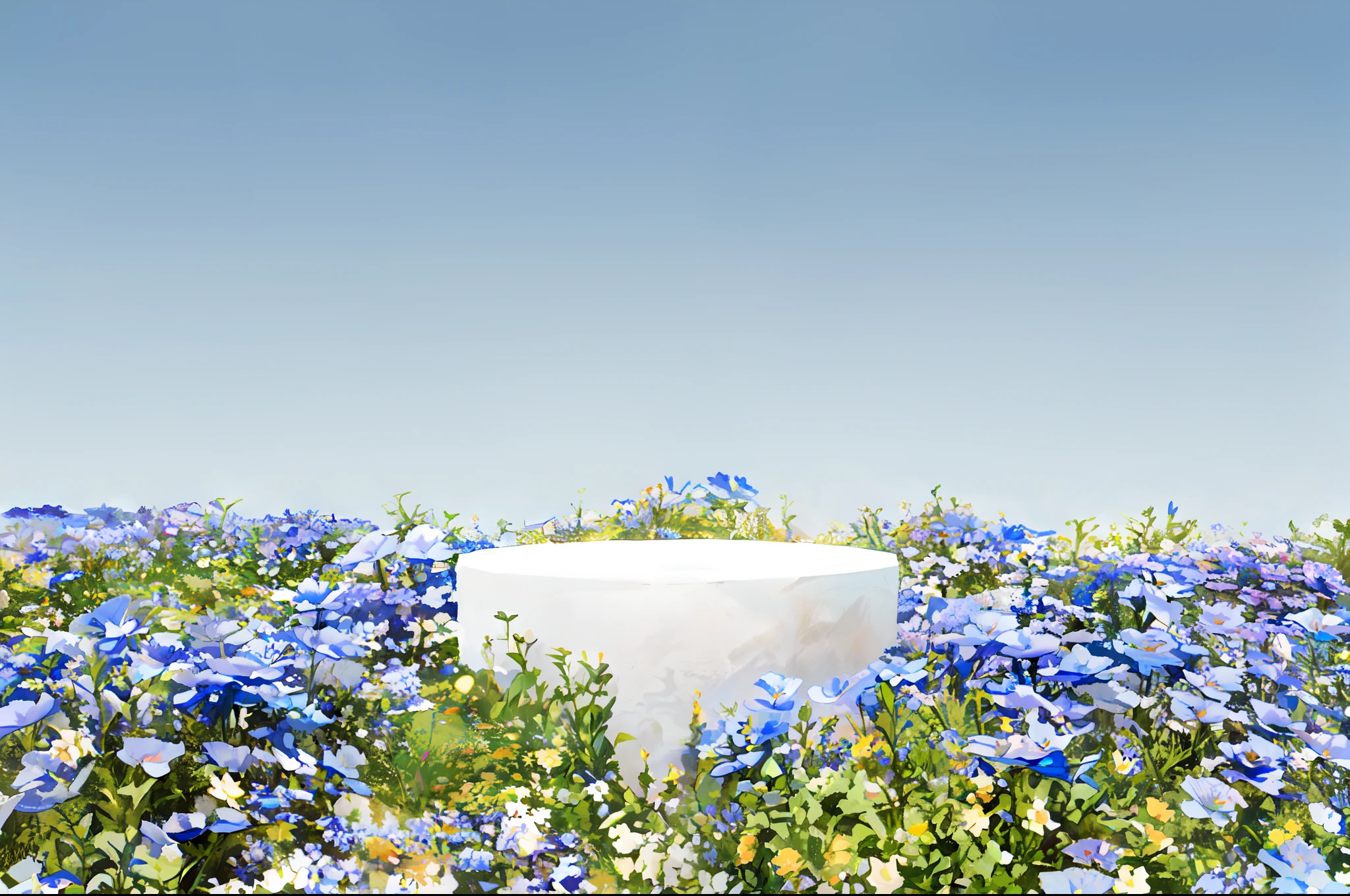 There is a white vase in a blue flower garden, flowers inside of a marble, an aesthetic field of flowers, flowerfield background, On a marble pedestal, Garden on flower background, with flower fields as foreground, blue flower field, flowers in background, Meadow with flowers, Black box of wildflowers, floral environment, highly photographic render