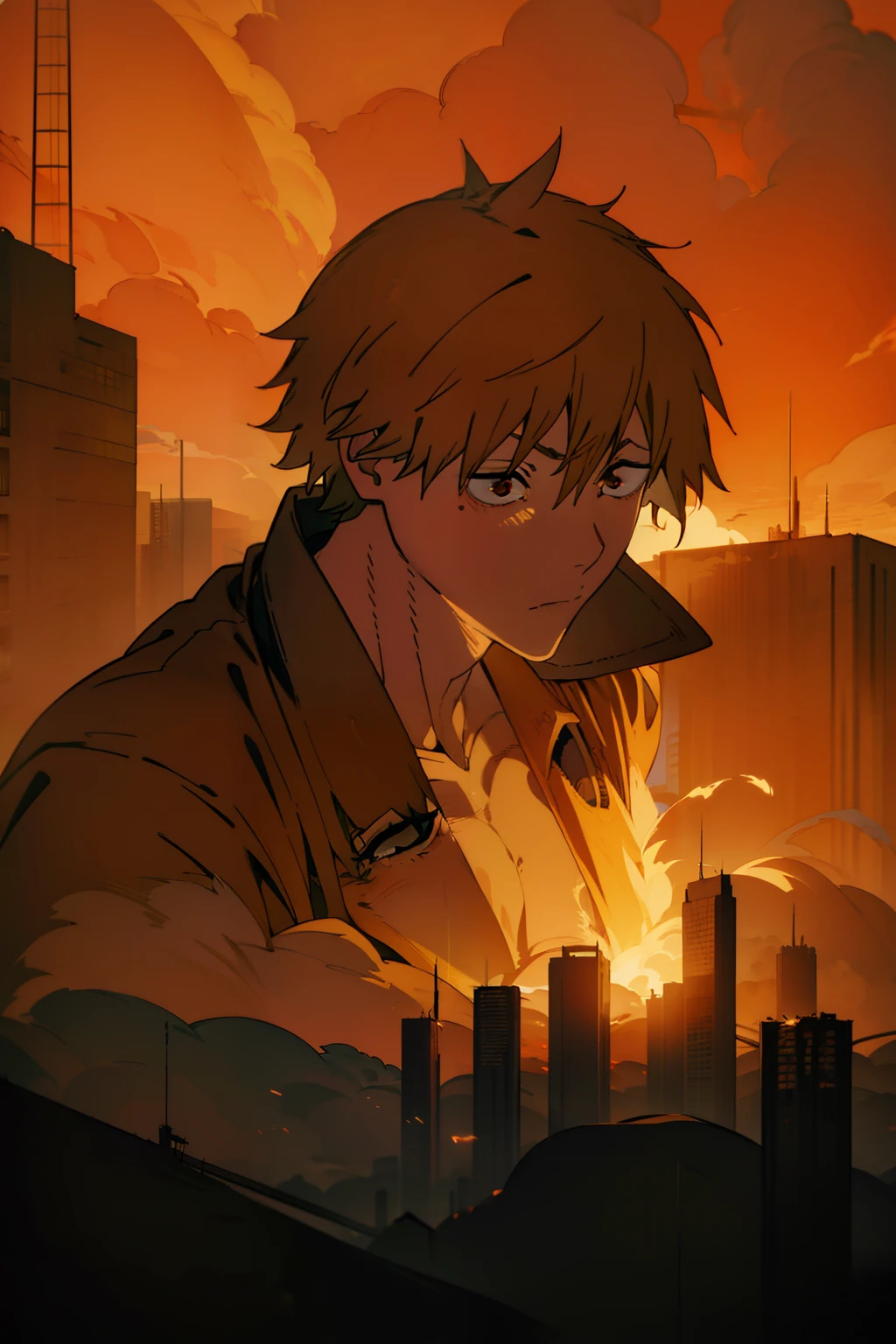 In this striking image, the concept of denji amidst destruction is vividly depicted with dynamic manga-style effects. Illustrated by the talented manga artist Akira Yoshida, the scene unfolds in a post-apocalyptic cityscape, where towering skyscrapers crumble, emitting billows of smoke against a blood-orange sky. Denji's determined expression showcases a mix of resolve and vulnerability, illuminated by the fiery glow of scattered streetlights. The overall atmosphere is one of chaotic beauty and resilience, capturing the essence of manga's intensity and emotion. --v 5 --stylize 1000