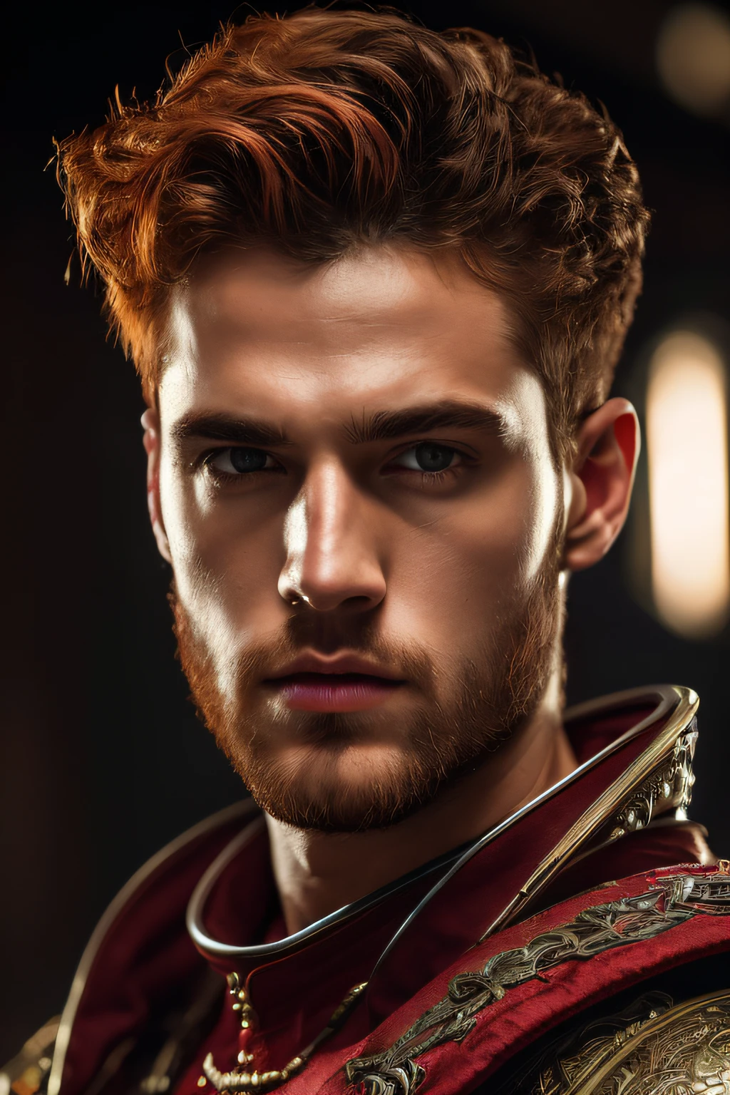 (modelo Elden anel geral radahn no deserto vermelho europeu masculino vermelho, (Orange hair male sorcerer sorcerer casting spells fire prince noble eyes rich color brown red), (rosto raspado cabelo vermelho vermelho). (atraente, corpo inteiro bem definido, pele em 4k, stand, luz), Cinematic lighting. fotografia, Detailed symmetrical realistic face. David haller como um gladiador romano traje europeu Roma grego e vermelho e dourado traje romano com joias de rubi extremamente detalhado , peach skin, Auburn Cabelo, master part, disparate, Nikon D850 Fotografia de Stock, Kodak Portra 400 F1.6 Lens camera, extremamente detalhado, Amazing, detalhes finos, textura hiper realista, dramatic lighting, alta qualidade, Full Resolution, foco nítido, extremamente detalhado , Cinematic lighting, 8k UHD.