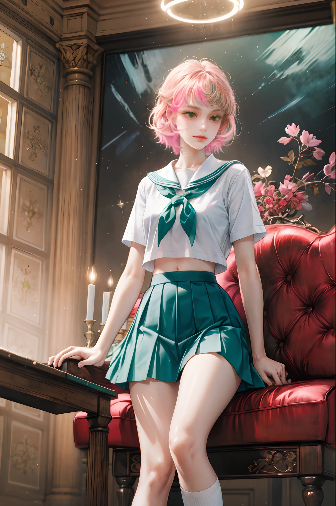 (masterpiece, best quality, cinematic light, ultra detailed), (intricate details:1.1), (colorful:1.2), 1girl, (delicate and  beautiful:1.1), happy, school uniform, light-blue skirt, light-blue|green|brown eyes, [small:medium:firm] breasts, white long socks, ginger|brown|pink hair, nsfw, thin hips