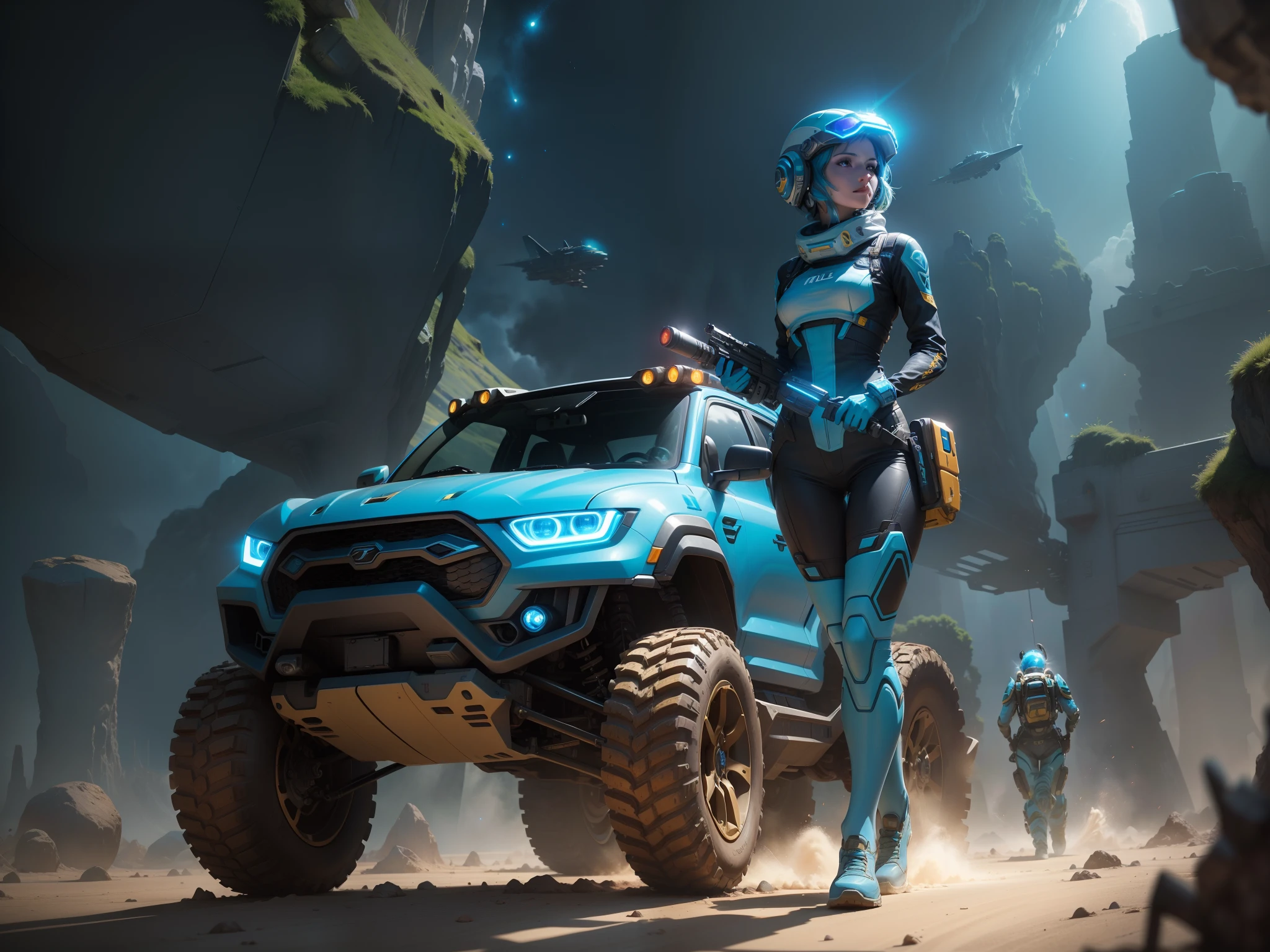 a vibrant cinematic full body photo of a female adventure in an alien world, ((((driving a )))) small ATV ground crawler combat transport. future transport, octane render, high quality ultra future blue an gold space combat visor up, alien planet background, in the style of Rob Lyfeild.