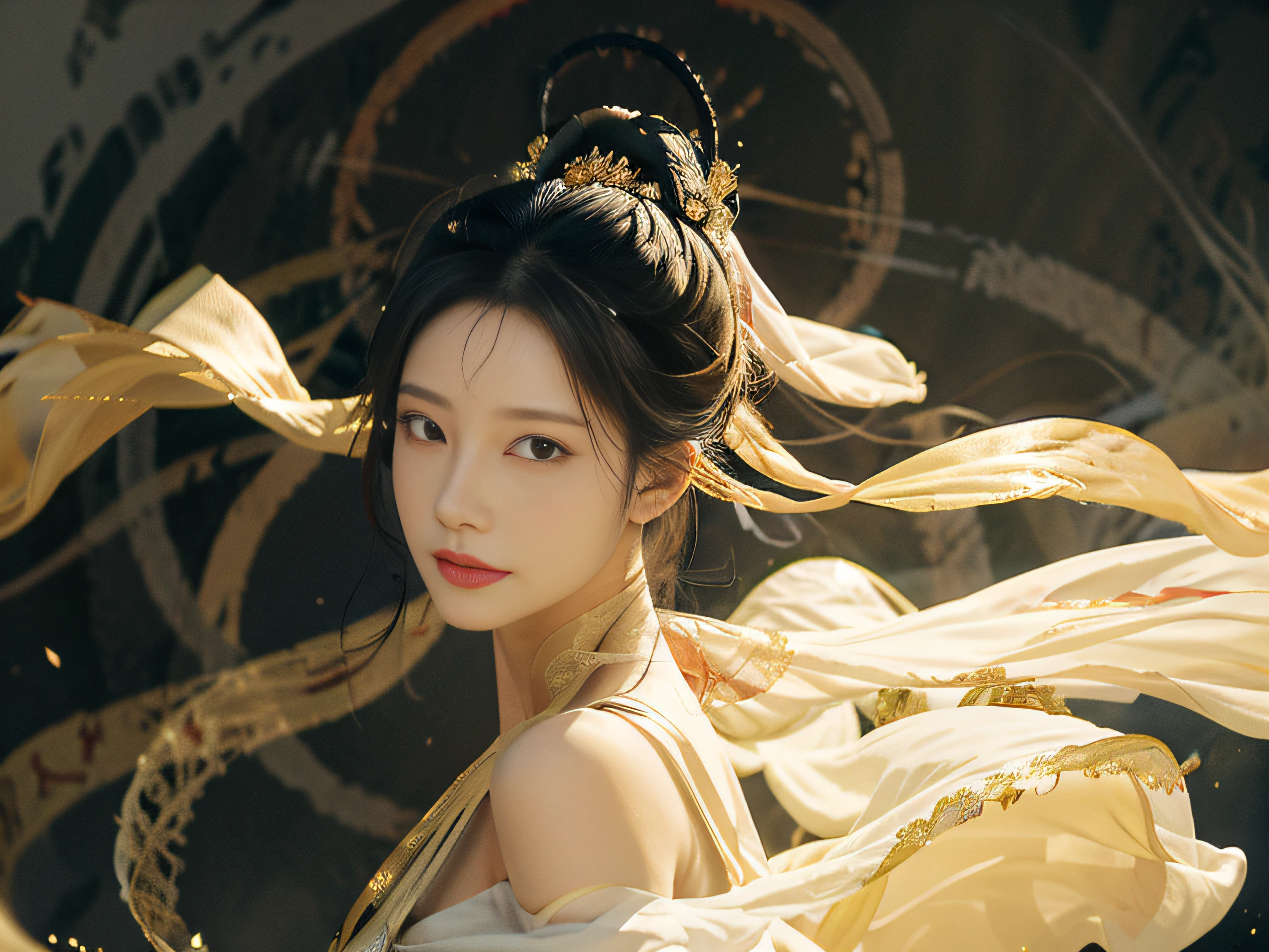 masterpiece,ultra realistic,32k,extremely detailed CG unity 8k wallpaper, best quality, 1 girl, (White robe), In a captivating scene, The background is rich and extremely detailed，Exquisite and beautiful features, Big eyes look at you, Dance, Dunhuang costumes, Dunhuang style, Arms, Dance with the ribbon, Multicolored ribbons，golden jewelery, Ancient Chinese hairstyle, gossamer, Streamers, Flying in the air，Light makeup, eye shadows, Brow line, (face), dynamics, Petals flying, Details, jewelry, Earrings, bangle, bshoulders, Complex textures, chest, Guqin, conduit, Natural expression, Charming smile, A beautiful woman in a flowing white Chinese robe is flying in the air, Soar through the clouds. The wind gently lifts her robe, Emphasize the feeling of flying，As they fly gracefully over the ethereal cloud scene