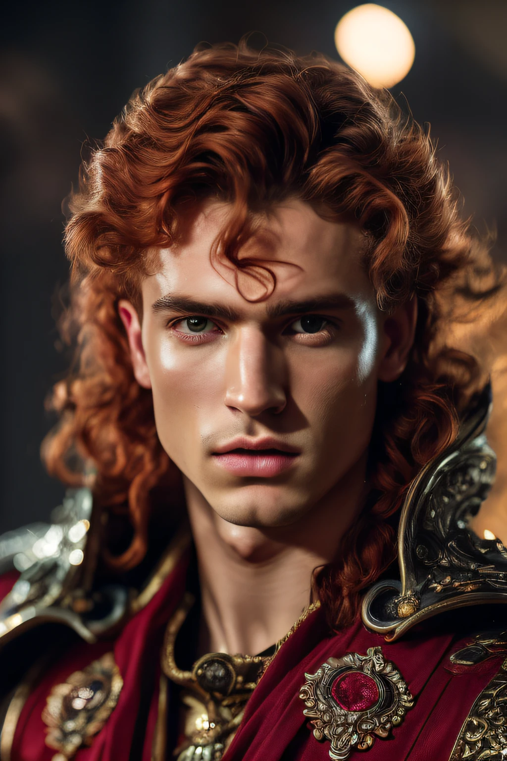 (modelo Elden anel geral radahn no deserto vermelho europeu masculino vermelho, (Orange hair male sorcerer sorcerer casting spells fire prince noble eyes rich color brown red), (rosto raspado cabelo vermelho vermelho). (atraente, corpo inteiro bem definido, pele em 4k, stand, luz), Cinematic lighting. fotografia, Detailed symmetrical realistic face. David haller como um gladiador romano traje europeu Roma grego e vermelho e dourado traje romano com joias de rubi extremamente detalhado , peach skin, Auburn Cabelo, master part, disparate, Nikon D850 Fotografia de Stock, Kodak Portra 400 F1.6 Lens camera, extremamente detalhado, Amazing, detalhes finos, textura hiper realista, dramatic lighting, alta qualidade, Full Resolution, foco nítido, extremamente detalhado , Cinematic lighting, 8k UHD.