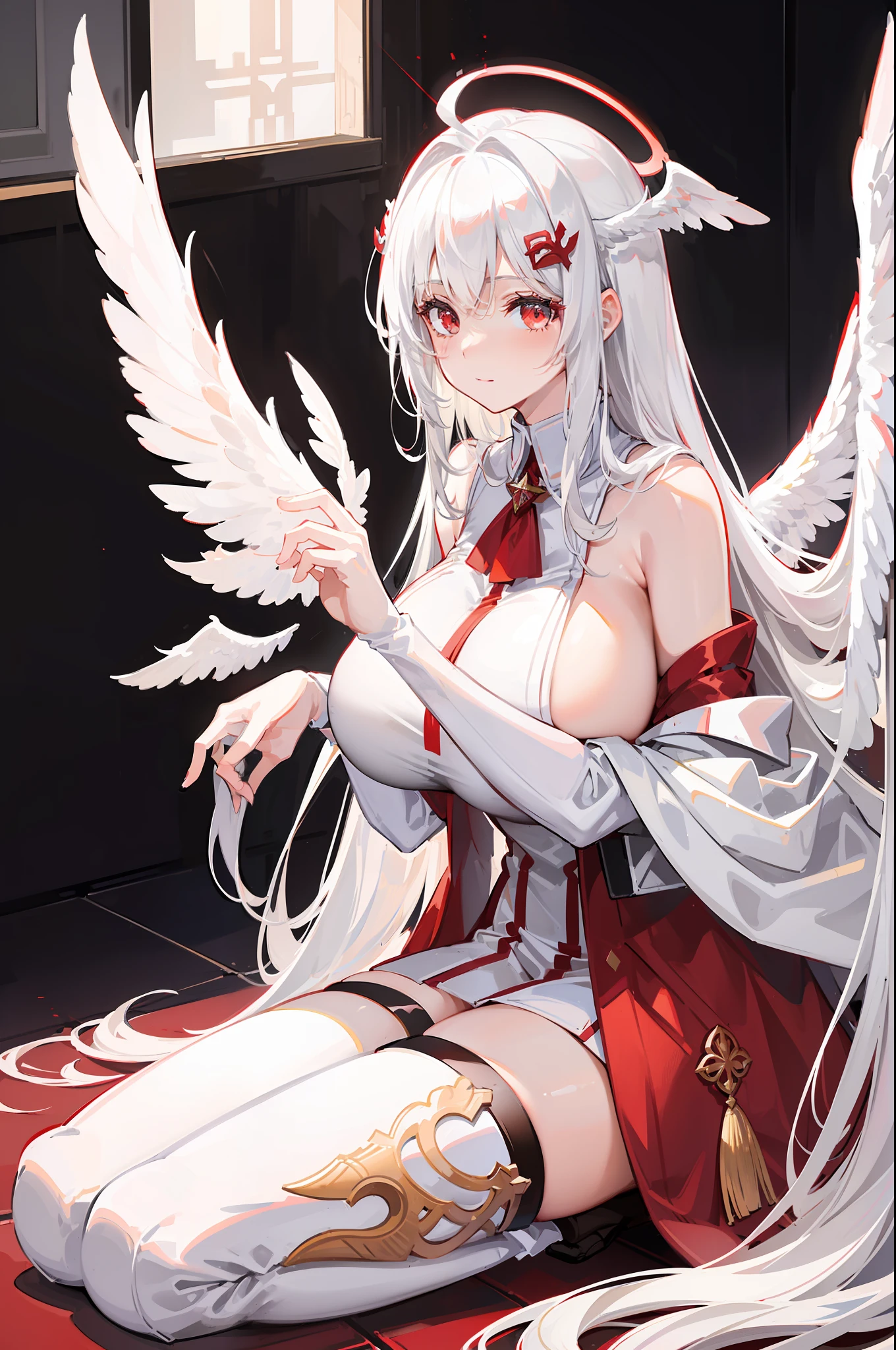 ((Red feather ornaments)), ((((Huge white wings)))), White cloak, White boots, (frontage), Under the sunlight, By the window, White hair, bangs, ahoge, Long hair, Halo, Red eyes, Blush, Light smile, anime big breast, shadowing, first person perspective, hyper HD, Award-Awarded, Halo, High detail, Chiaroscuro, Ray tracing, 16k, Masterpiece, High quality, High details, Best quality, Accurate, Anatomically correct, ((((A high resolution)))),((Kneeling))