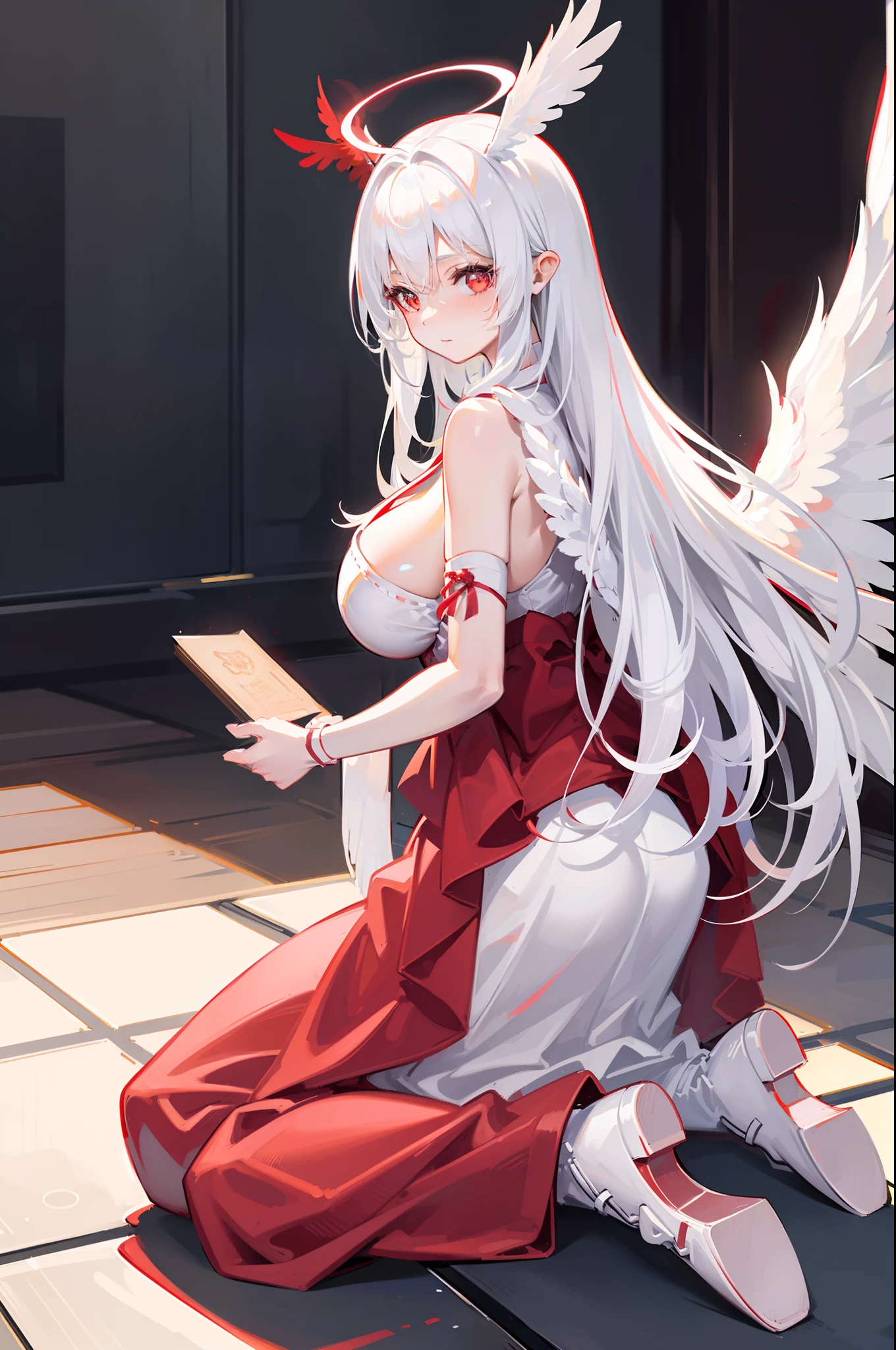 ((Red feather ornaments)), ((((Huge white wings)))), White cloak, White boots, (frontage), Under the sunlight, By the window, White hair, bangs, ahoge, Long hair, Halo, Red eyes, Blush, Light smile, anime big breast, shadowing, first person perspective, hyper HD, Award-Awarded, Halo, High detail, Chiaroscuro, Ray tracing, 16k, Masterpiece, High quality, High details, Best quality, Accurate, Anatomically correct, ((((A high resolution)))),((Kneeling))