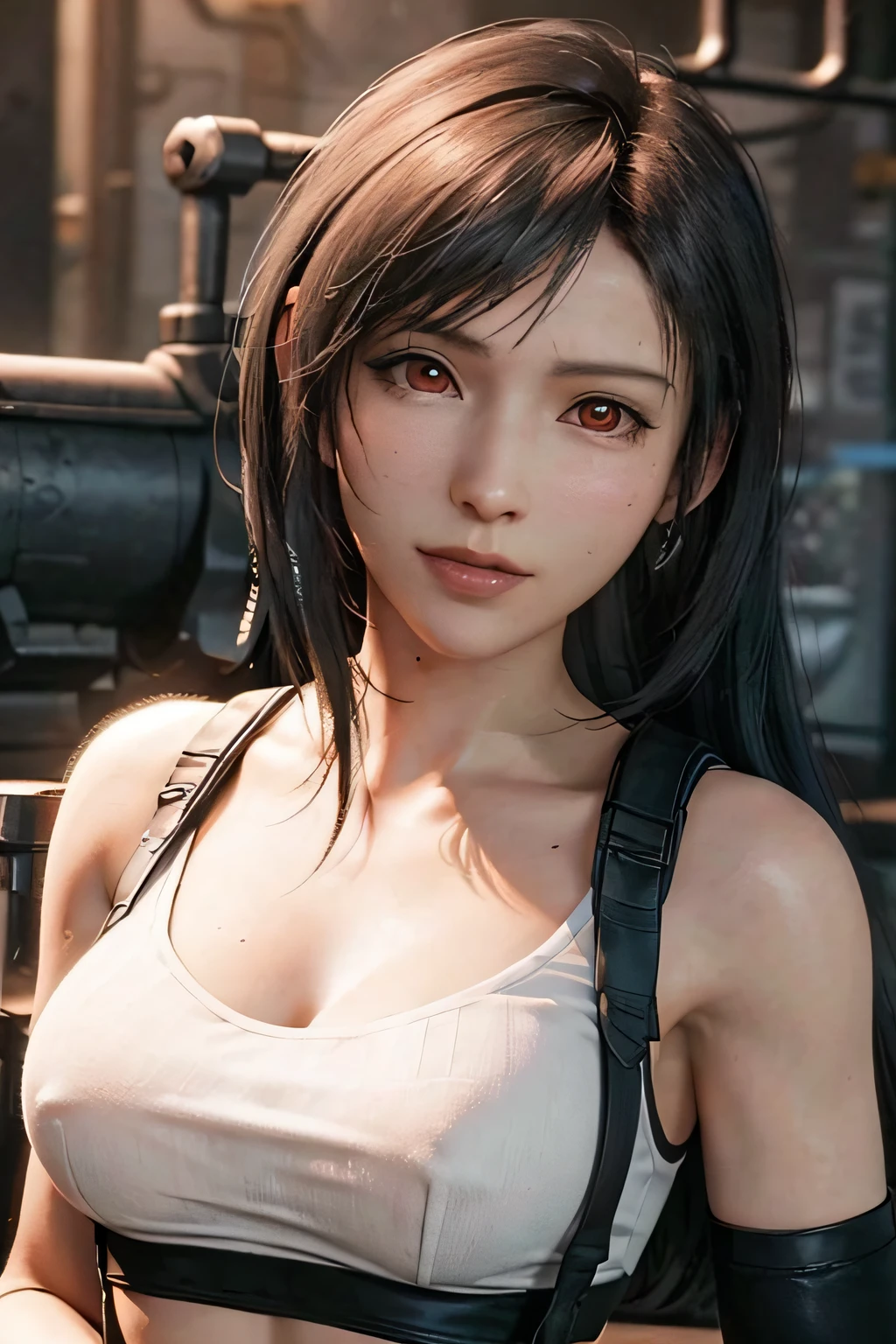 (​masterpiece), (top-quality), 8K分辨率, ultra-detailliert, ultra-detailliert, realisitic, a picture, photorealisim, (1girl), tifa, Final Fantasy VII, Tifa Lockhart, concrete wall,metal pipes,Details red eyes,Detailed double eyelids,Short Hair Dark Brown Color,slender figure,Model body type,bustＢcups,