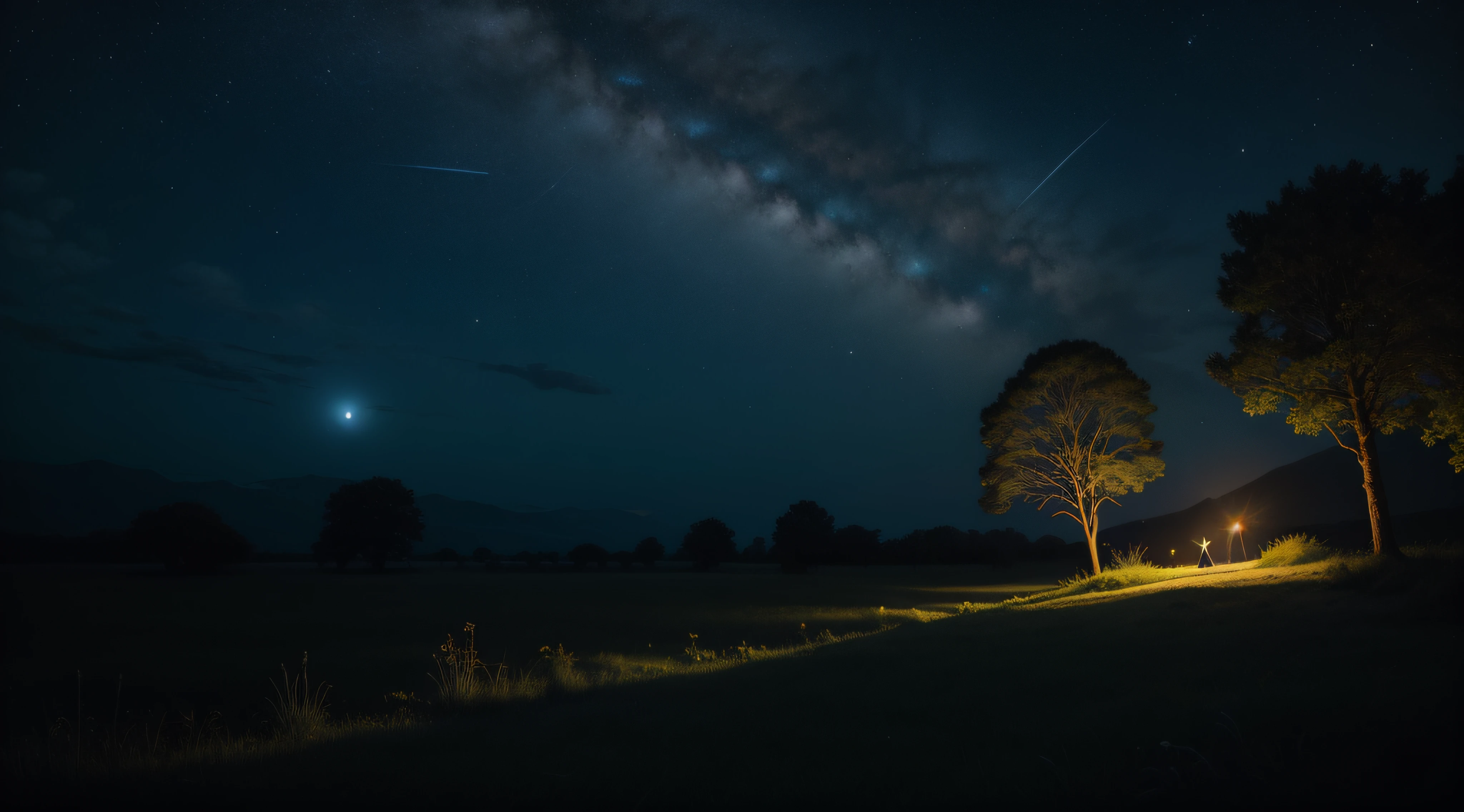 "obra maestra, calidad excepcional, ultra detallado, bosque oscuro nocturno, Fireflies flying, luna llena, Celestial angel flying high with wings of light."