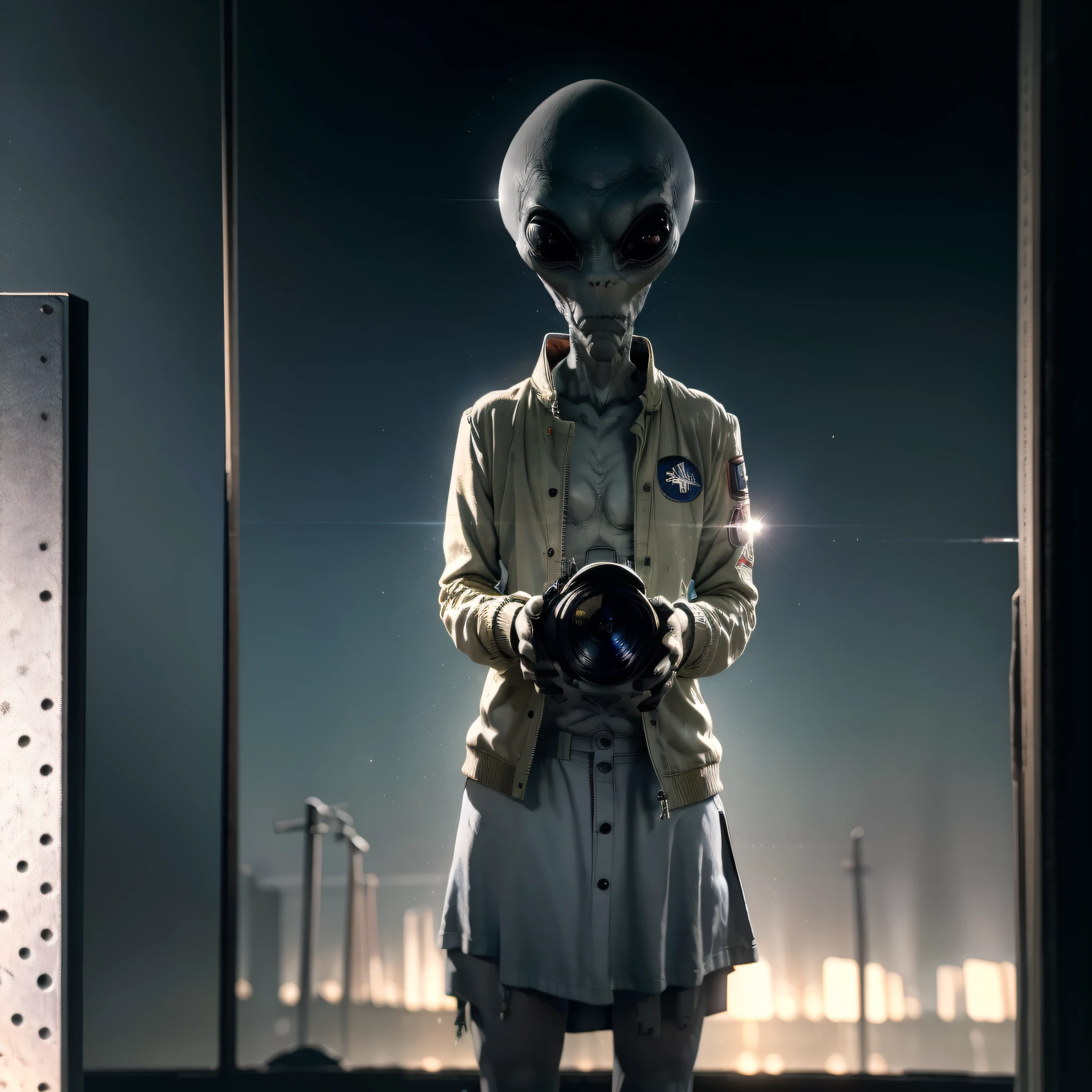 an alien with big eyes, wearing a militar jacket, gray skin, standing next to a plane, second world war, at night, under a streetlight, Trazado de rayos, NVIDIA RTX, Super resolution, Irreal 5, Sub-Surface Scatterring, Texturas PBR, postprocesamiento, Anisotropic filtering, profundidad de campo, maximum sharpness and sharpness, Texturas multicapa, Mapeo de albedo y especular, sombreado de superficie, Accurate simulation of light-material interactions, proporciones perfectas, octane representation, duotone lighting, ISO bajo, balance de blancos, regla de tercios, apertura amplia, 8K RAW, high-efficiency subpixels, sub-pixel convolution, glow particles