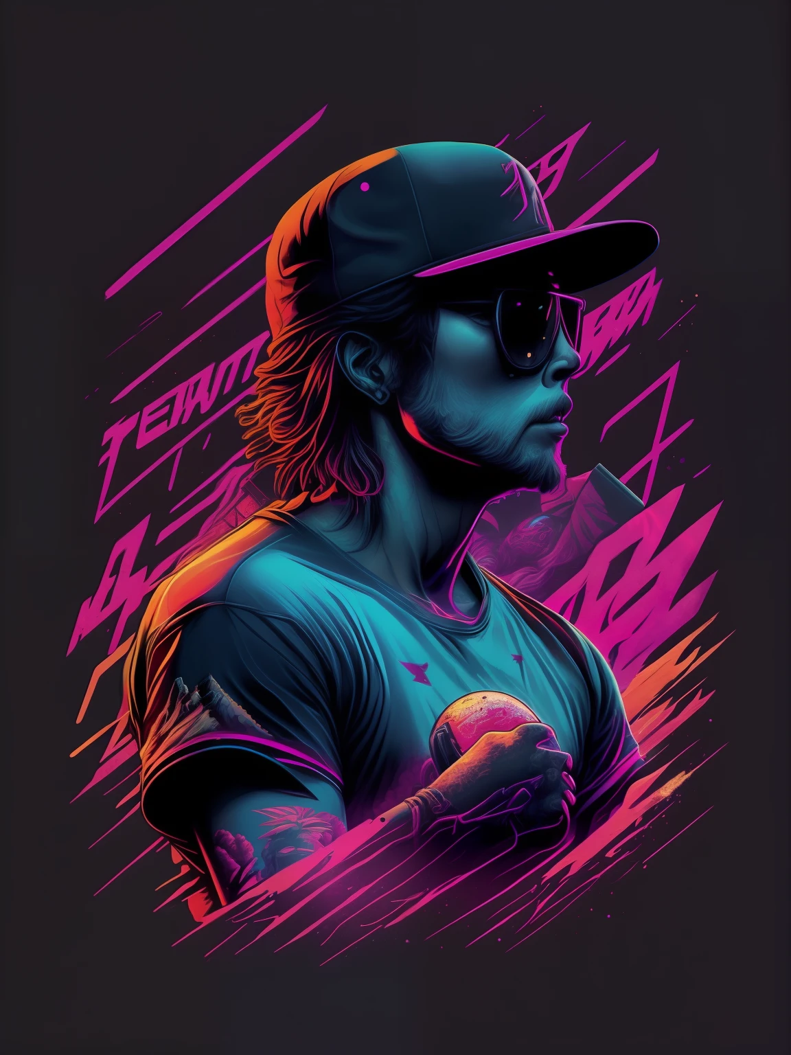 Atleta beisebol, Grafite inspirado, cores vibrantes, NEO Tokyo, futurista, arte vetorial, design de camiseta