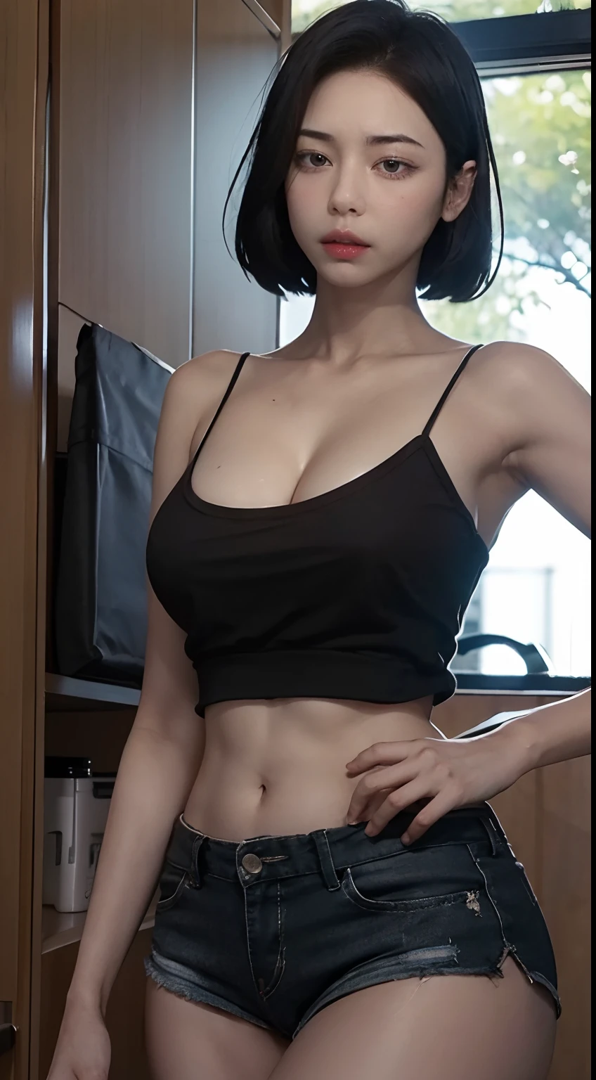 sooahdef, black hair, blue eyes, short hair
looking to the side, solo, breasts, parted lips, large breasts, looking away, camisole, cowboy shot, 1girl, black shorts, shorts, short shorts, bare shoulders, collarbone, cleavage
masterpiece, best quality
