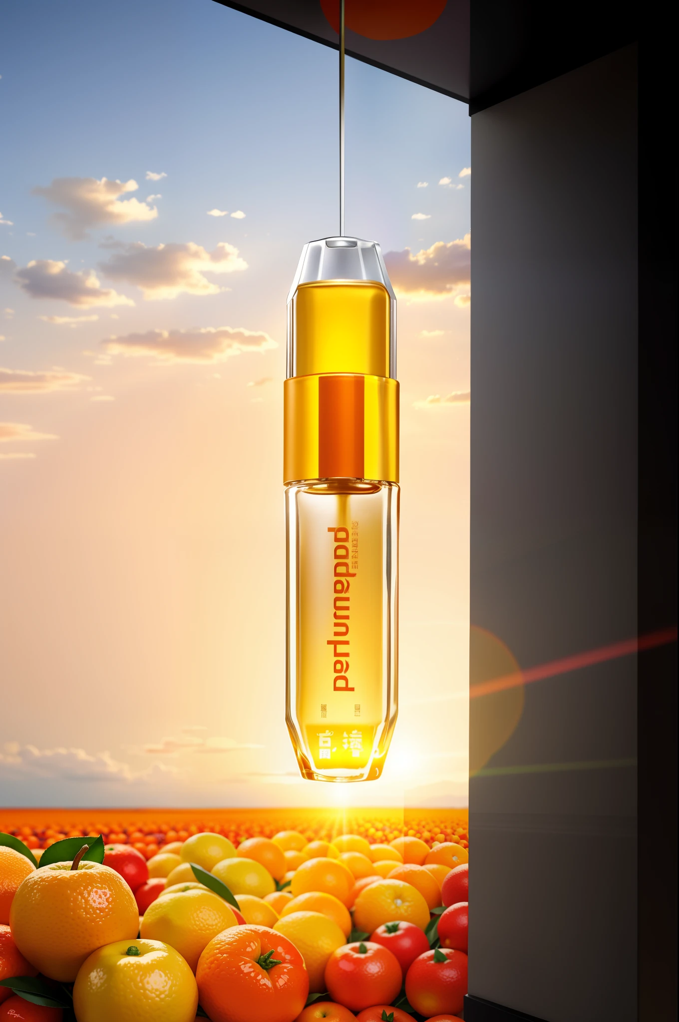tmasterpiece,best qualtiy,(The is very detailed的 CG unified 8k 壁纸)(best qualtiy),(Most Best Illustration),(best shadow),enviroment:orchard,oranges,Various types of fruits, Ray traching,ultra - detailed,The overall atmosphere is warm,Perfume bottles are made of glass --v6