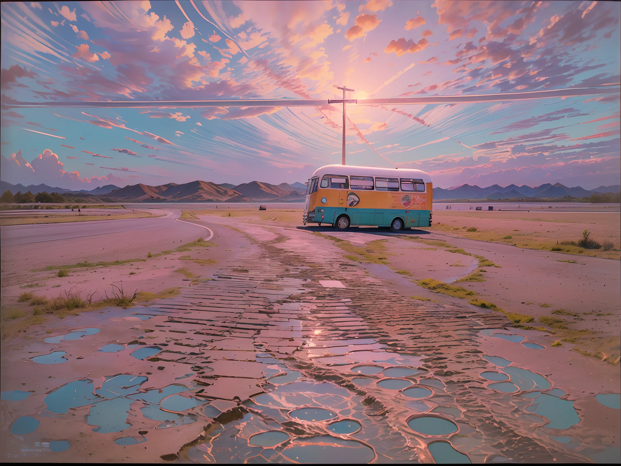 (a cross-country adventure, dynamic road trip vibes:1.3), a bus bound for the horizon, (heading westward into the unknown:1.2), (windshield alive with hues of vibrant pink:1.2), (fleeting reflections dance on the surface of sleek metal:1.2), (touches of pink graze the weathered side, a gentle caress:1.1), (blue bus, showing its well-traveled history through dents and scars:1.1), (capturing the fleeting interplay of color and motion:1.1), (framed by a wide-angle lens, capturing the vastness of the journey:1.2), (a Canon EOS 5D Mark IV, the perfect companion for capturing the road's essence:1.2), (embracing the harmonious contrast between the modern and the worn:1.1), (conjuring a sense of freedom and anticipation in the open road:1.1), (where every mile carries a story, painted in shades of pink and blue:1.1).