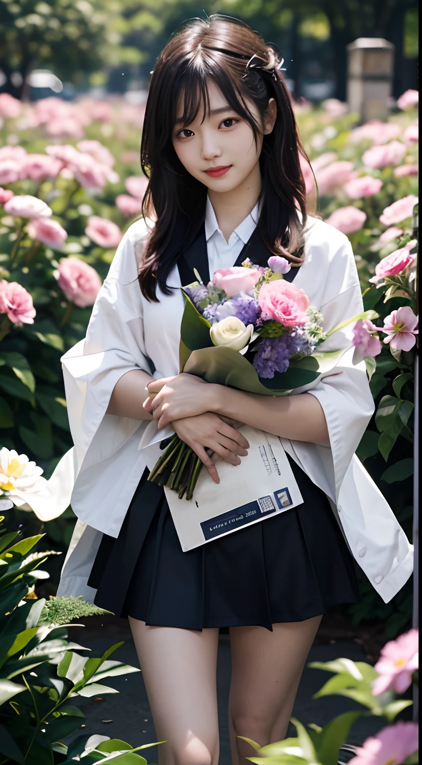 tmasterpiece、top-quality、真实感，Three-dimensional feeling，physically-based renderingt，A high resolution，A female high school student，Medium height，with a good figure，Short black shoulder-length hair、Student clothing jacket、a black skirt，White robe，Holding a bouquet of flowers in his hand，longer sleeves，Not exposed，ssmile，Toothy，slightly red face，trpical garden，Scenic beauty，Under the flower tree，dynamicposes，standing on your feet，Well laid out，with whole body visible，Front Shooting，SLR shooting