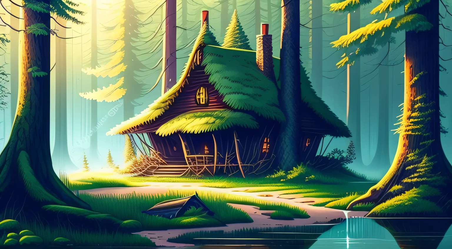 House in the forest surrounded by old trees and stream