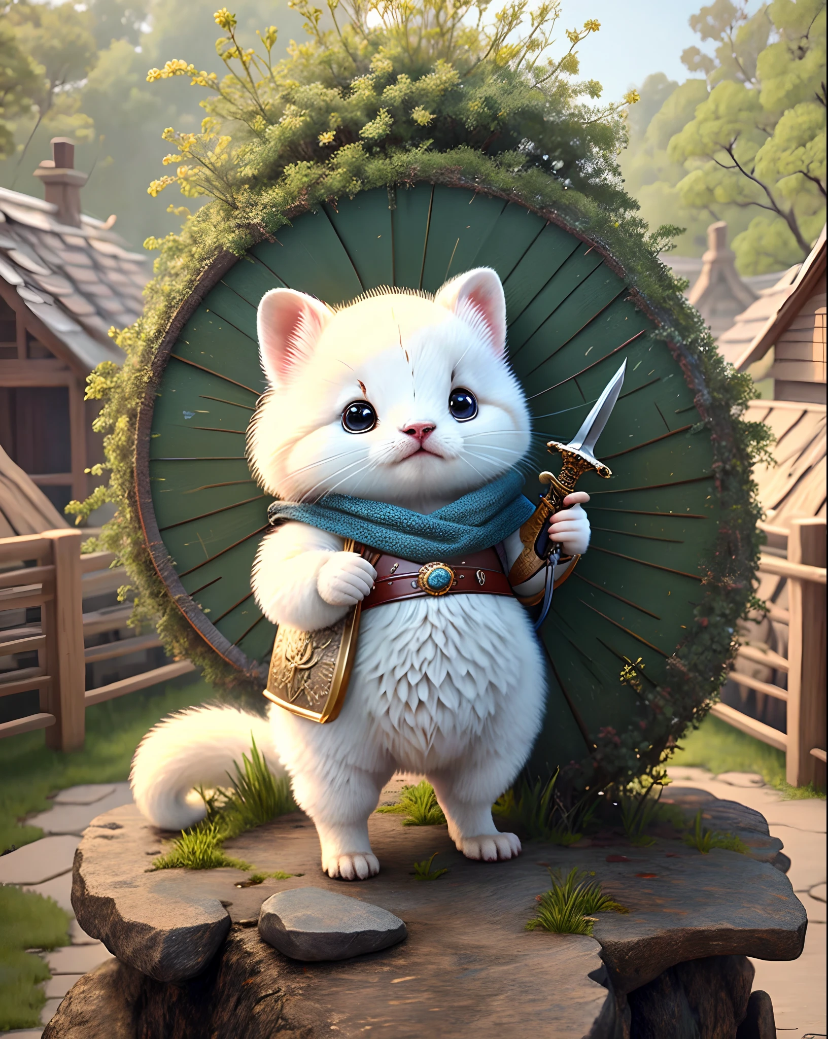 Top image quality、"Create masterpieces of cute creatures. (ermine), high detailing, in 8K、Top image quality、Dressed as an adventurer、Holding a sword and shield in his hand、
