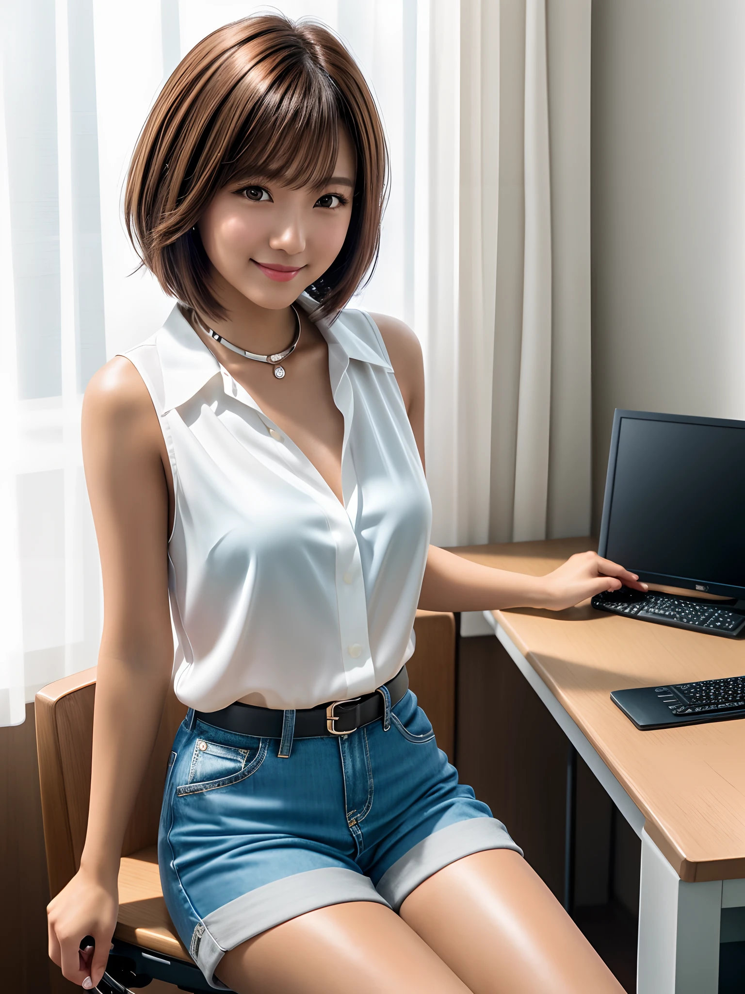 product quality, 1 girl per 1 photo, cowboy shot, front view, a Japanese young pretty girl, bob hair, wearing a sleeveless shiny satin white blouse with a collar, wearing short pants, sitting on a chair with a smile in front of her desk in her room, a pc on the desk, hyper cute face, glossy lips, double eyelids for both eyes, natural makeup, shiny smooth light brown hair of bob hair, asymmetrical bangs, tanned skin, central image, 8K resolution, high detail, detailed hairstyle, detailed face, cinematic lighting, octane rendering, hyper realistic, perfect limbs, perfect anatomy