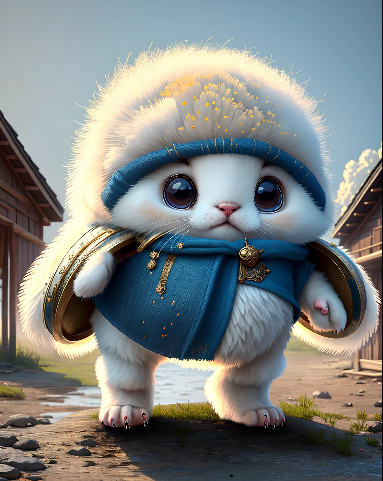 Top image quality、"Create masterpieces of cute creatures. (ermine), high detailing, in 8K、Top image quality、Dressed as an adventurer、Holding a sword and shield in his hand、