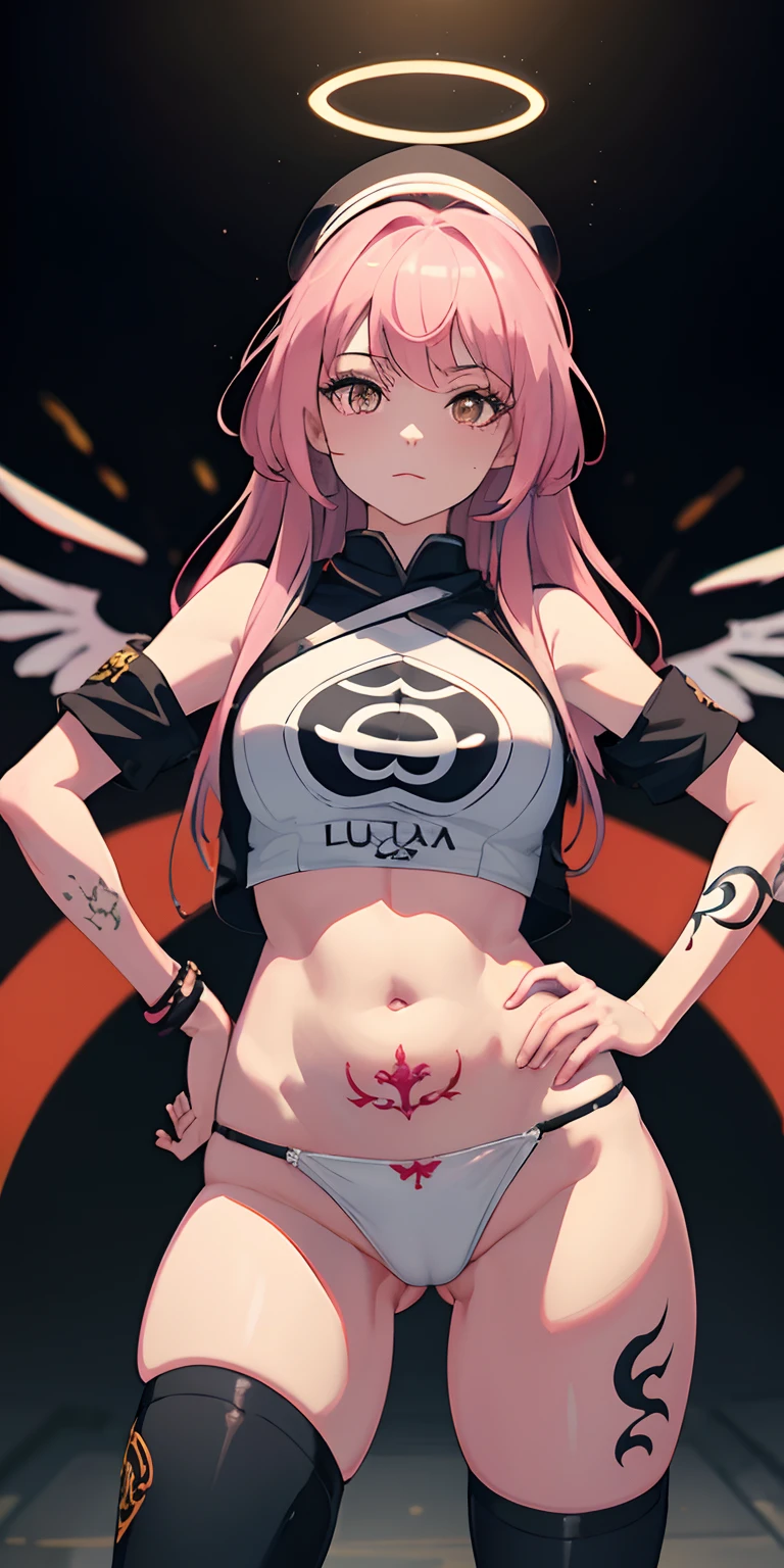 (Outfit-Nian), roupa de kunoich, barriga nua,malhada,olhar frio,raios,1girl,Saori,Hands on hips,black headwear,,1girl, sozinho, halo, cabelos longos, olhos cinza, blurry pink hair,((master part)), (((melhor qualidade))), ((ultra-detalhado)), ((illustration)), (luz detalhada:1.21), realismo efeito de luz, lua cheia, Tattoo of a white dragon on the left arm,20 anos,