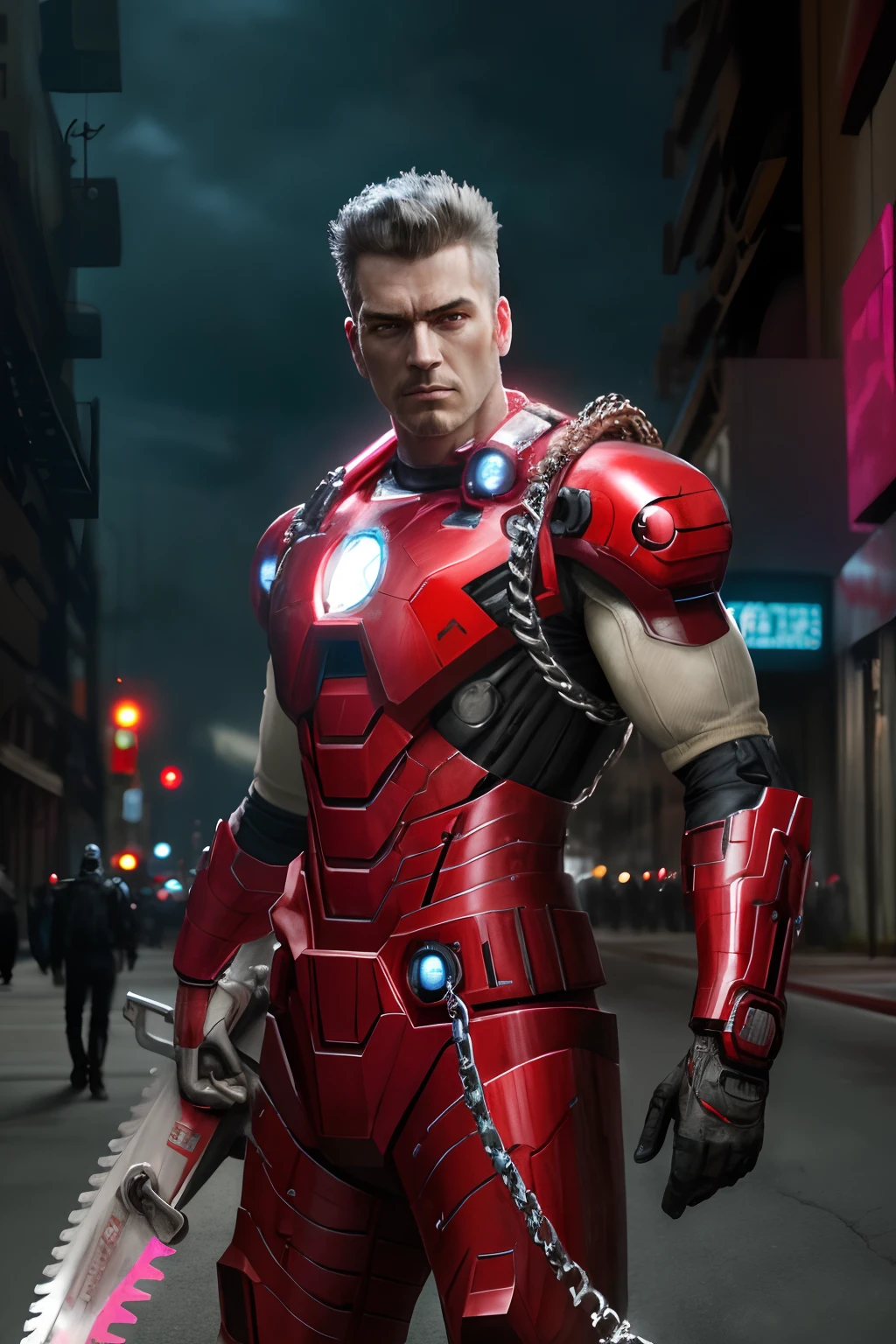 8K wallpapers, ultra-detailed works, cinematic lighting, realistic photos, Dark_Fantasy, Cyberpunk, (chain saw, chain saw man, Red: 1.1), 1man, Mechanical marvel, Robotic presence, Cybernetic guardian, wearing a worn-out mech suit , intricate, (steel metal [rust]), elegant, sharp focus, photographed by greg rutkowski, soft lighting, vibrant colors, masterpiece, ((street)), cowboy shot, dynamic pose,