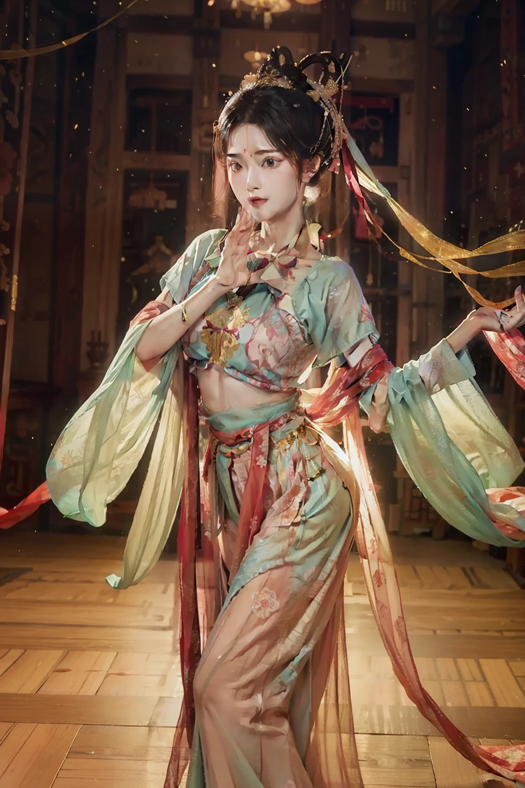 tmasterpiece,illustration,8K,25-year-old woman,Body slim,dances,period costume,Hanfu,(pastel colour:1.2)