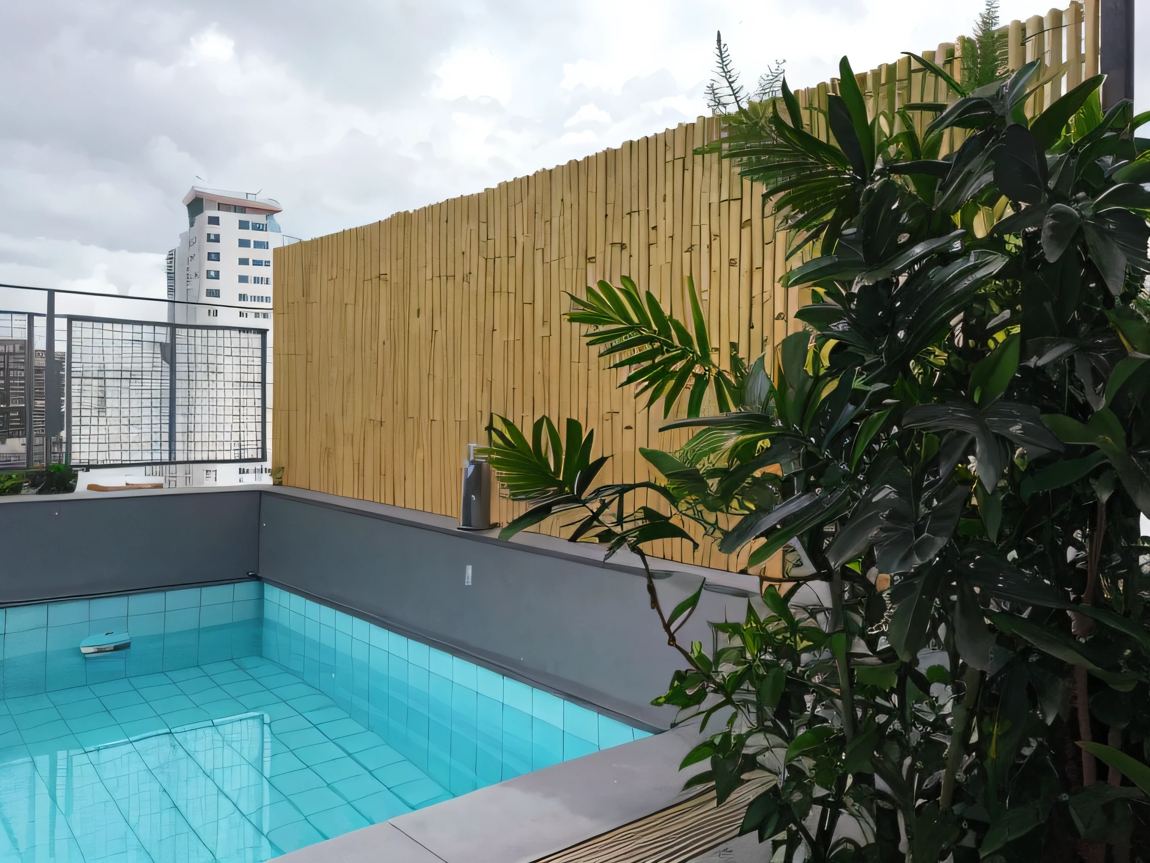 There is a pool in the middle of a roof with a bamboo fence, bambu, de bambu, sao paulo, Ao ar livre, madeira de bambu, composto, ao lado de uma piscina tropical, ao lado de uma piscina, jardim do telhado, Located in Tokyo, Rooftop, piscina, In Sao Paulo, Upload de alta qualidade, Directed by: Samuel Silva, feito de bambu, piscina, Paisagem urbana tropical ao ar livre