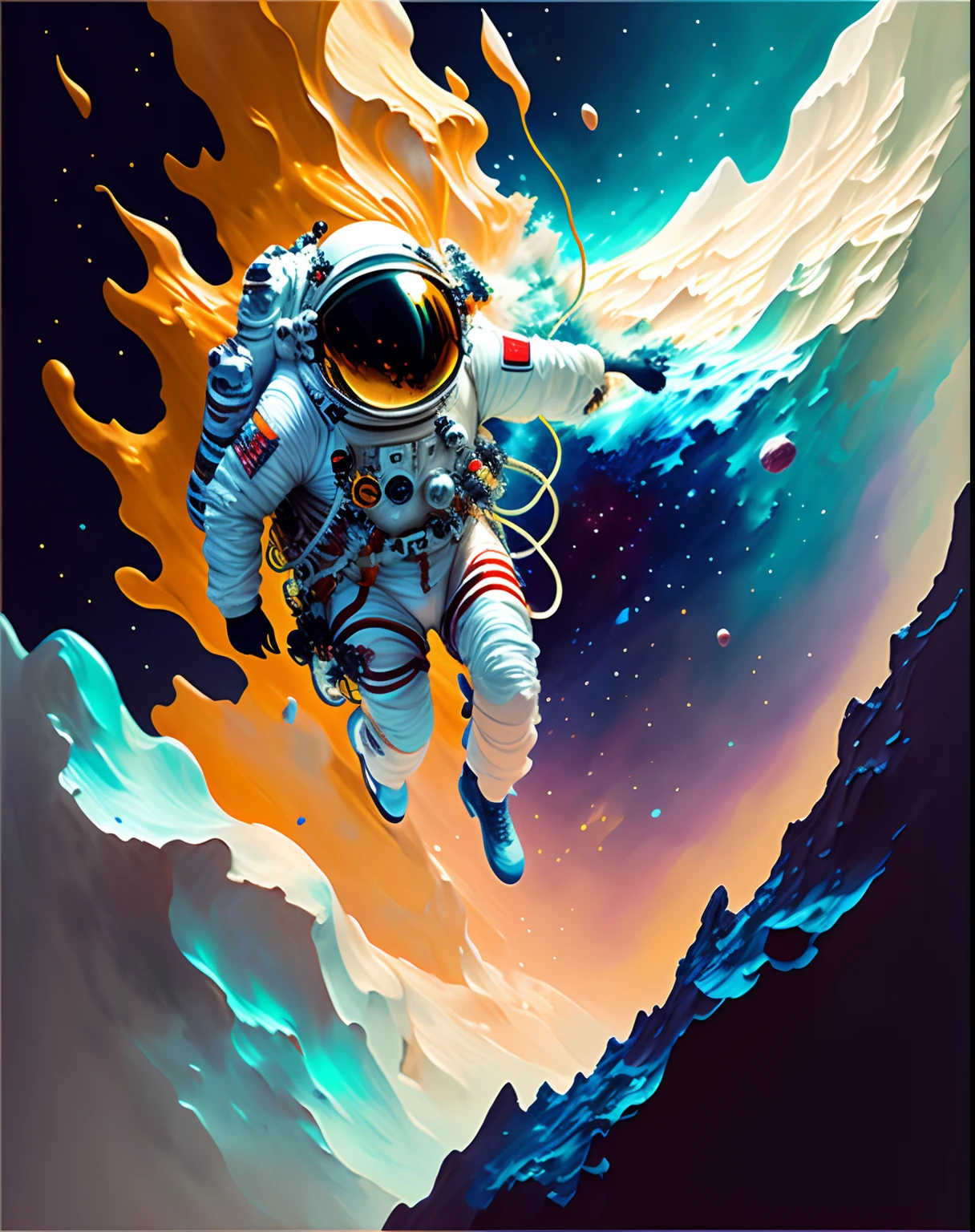 astronaut, climbing the asteroid, character render, ultra high quality model, ethereal background, abstract beauty, explosive volumetric, oil painting, heavy strokes, paint dripping