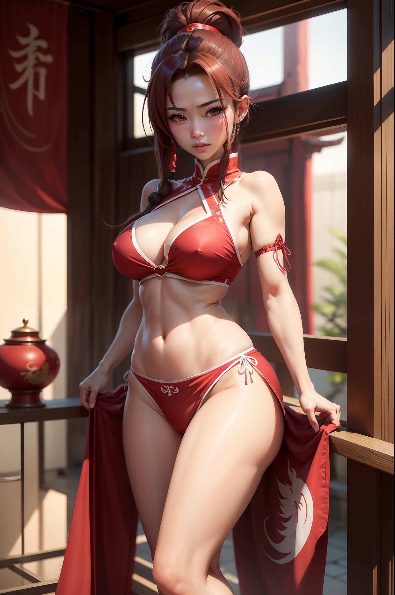 mai shiranui、Colossal tits、ren、animesque、Red cloth、Exposed、highleg、poneyTail、(teats)、A dark-haired、cute face、chinese clothes、white panty
