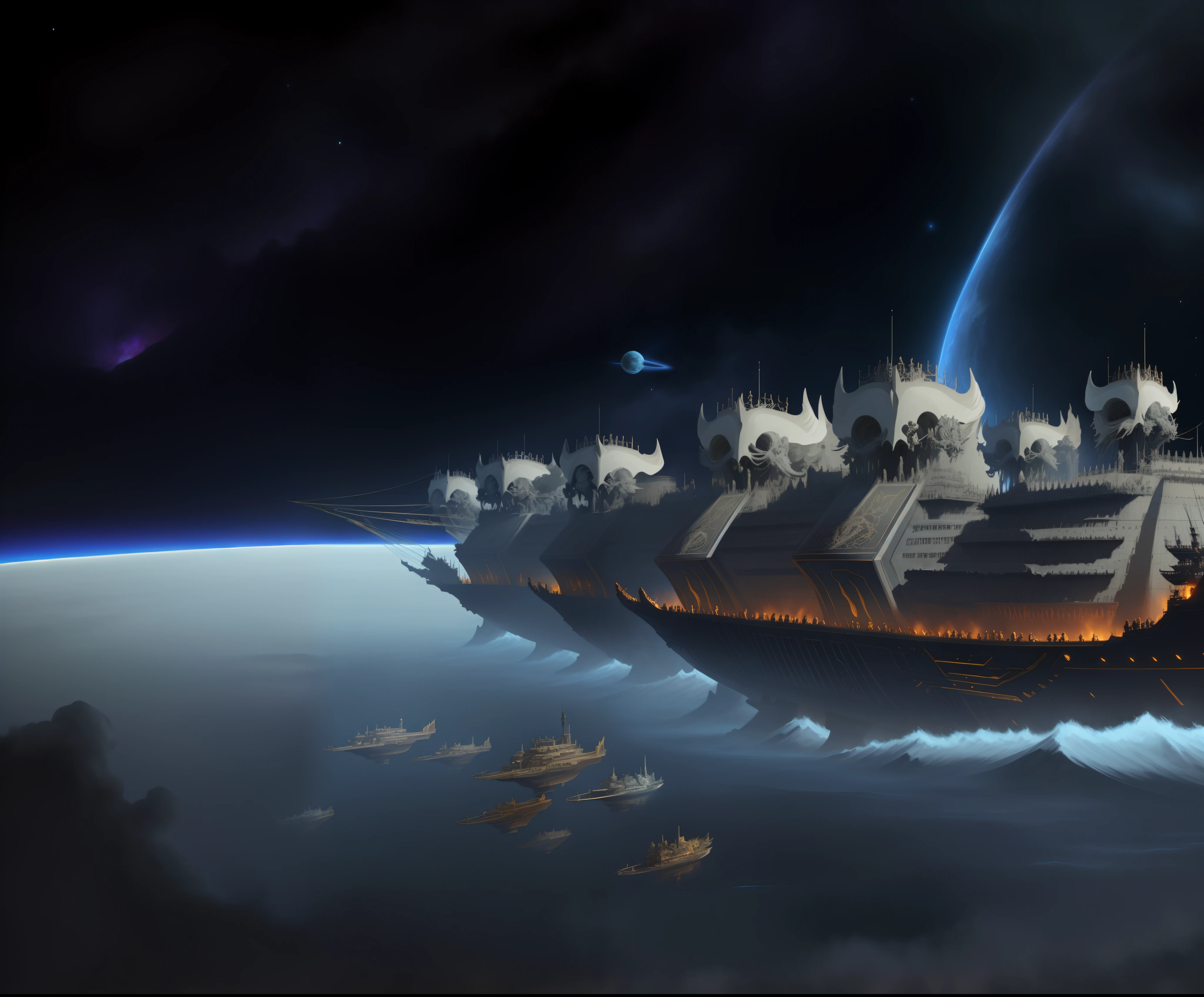 Grand fleet of the Galactic Skeleton Dynasty,In a steady stream of world destruction,The giant star god is dying