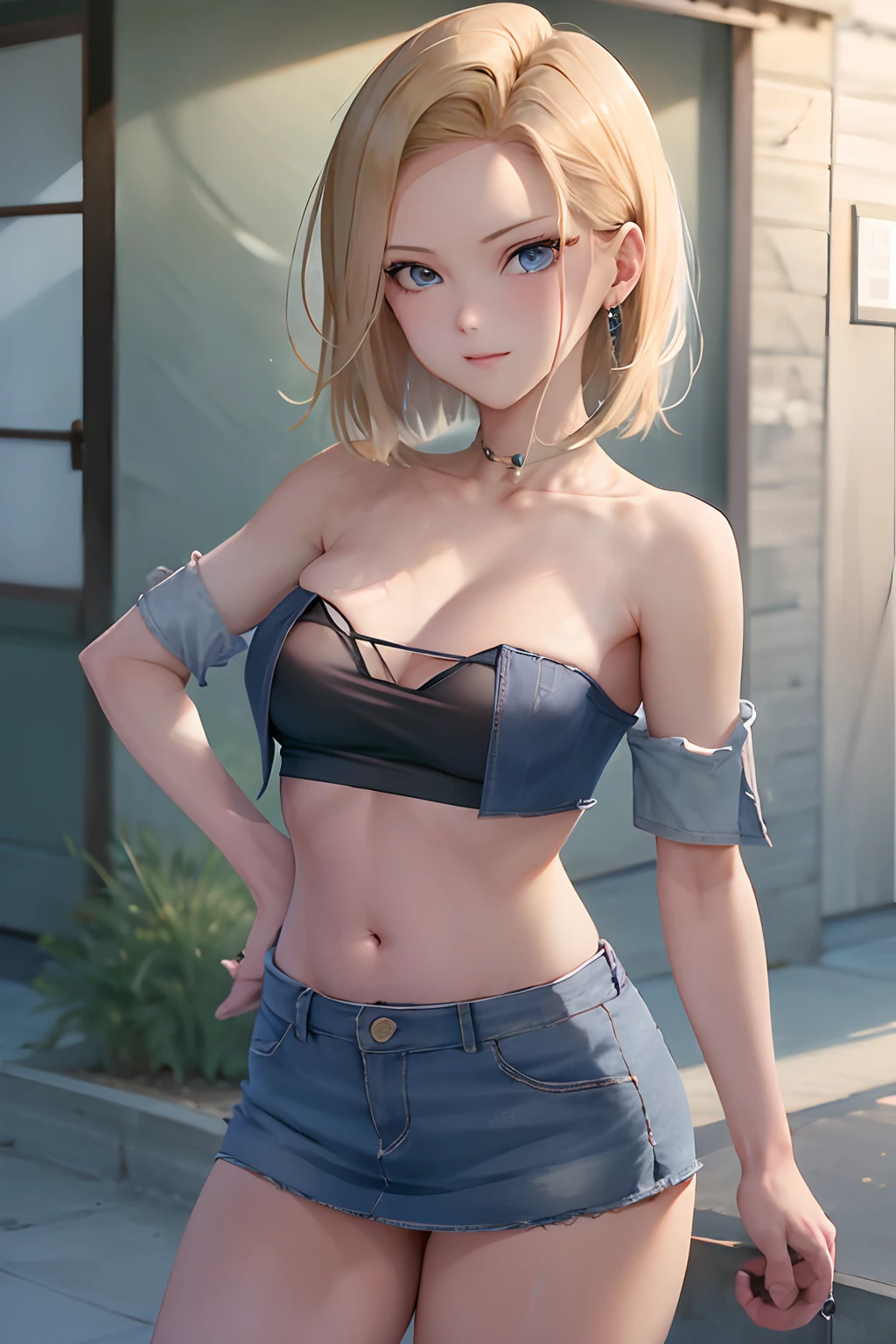 top-quality, hight resolution, 18 with, 1girl, Android 18, 独奏, blonde  hair, blue eyess, shorth hair, 耳环, jewely, Denim Vest, open vest,, Black shirt, Denim Mini Skirt,sleeveless、Beautiful facial features、Beautiful belly button、beautiful thigh、 a blue skirt, medium breasts⁩, cowboy  shot, street, off shoulders, Strapless,