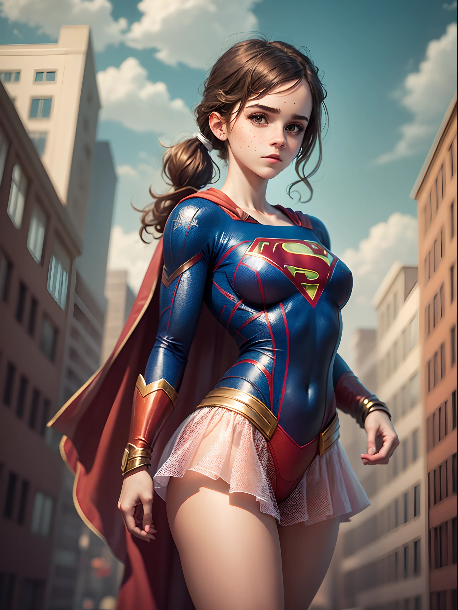 masterpiece. highly detailed. A beautiful Teen Emma Watson dressed as Supergirl in a tight intricate costume, see-through. freckles. pigtails. She is on the roof of a building. sparkly hair. shiny skin.