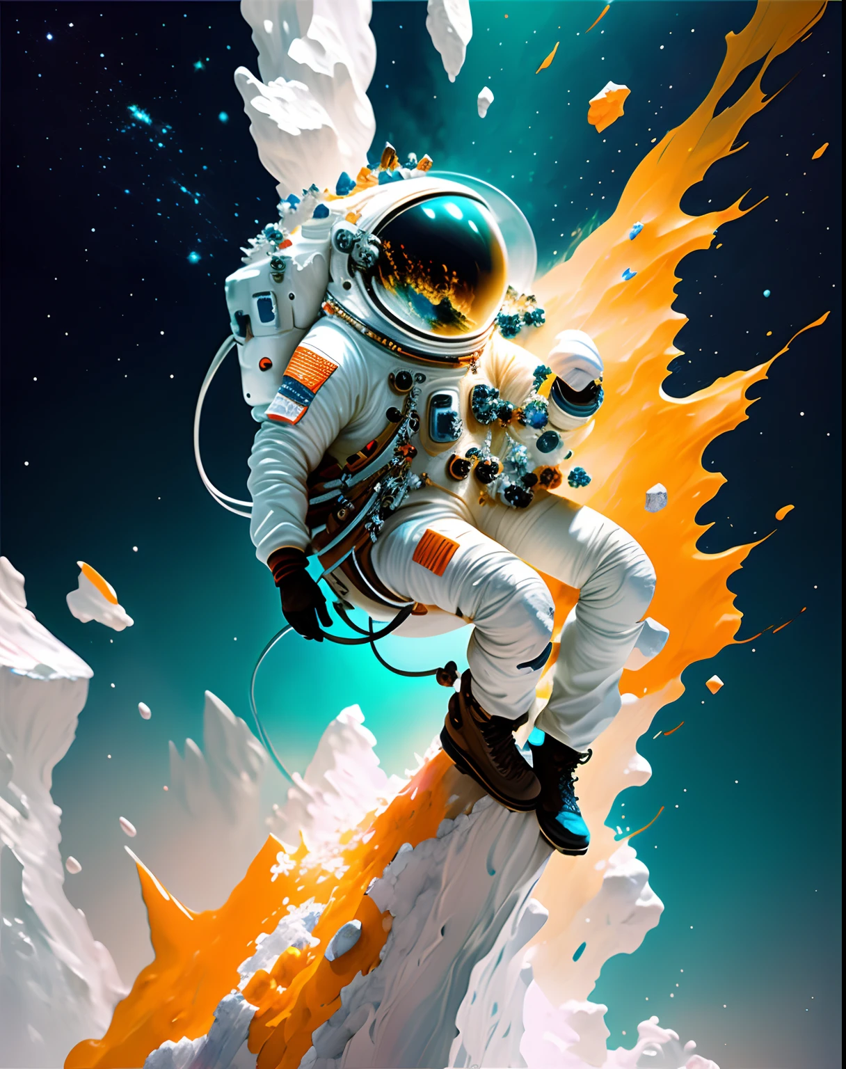 astronaut, climbing the asteroid, character render, ultra high quality model, ethereal background, abstract beauty, explosive volumetric, oil painting, heavy strokes, paint dripping