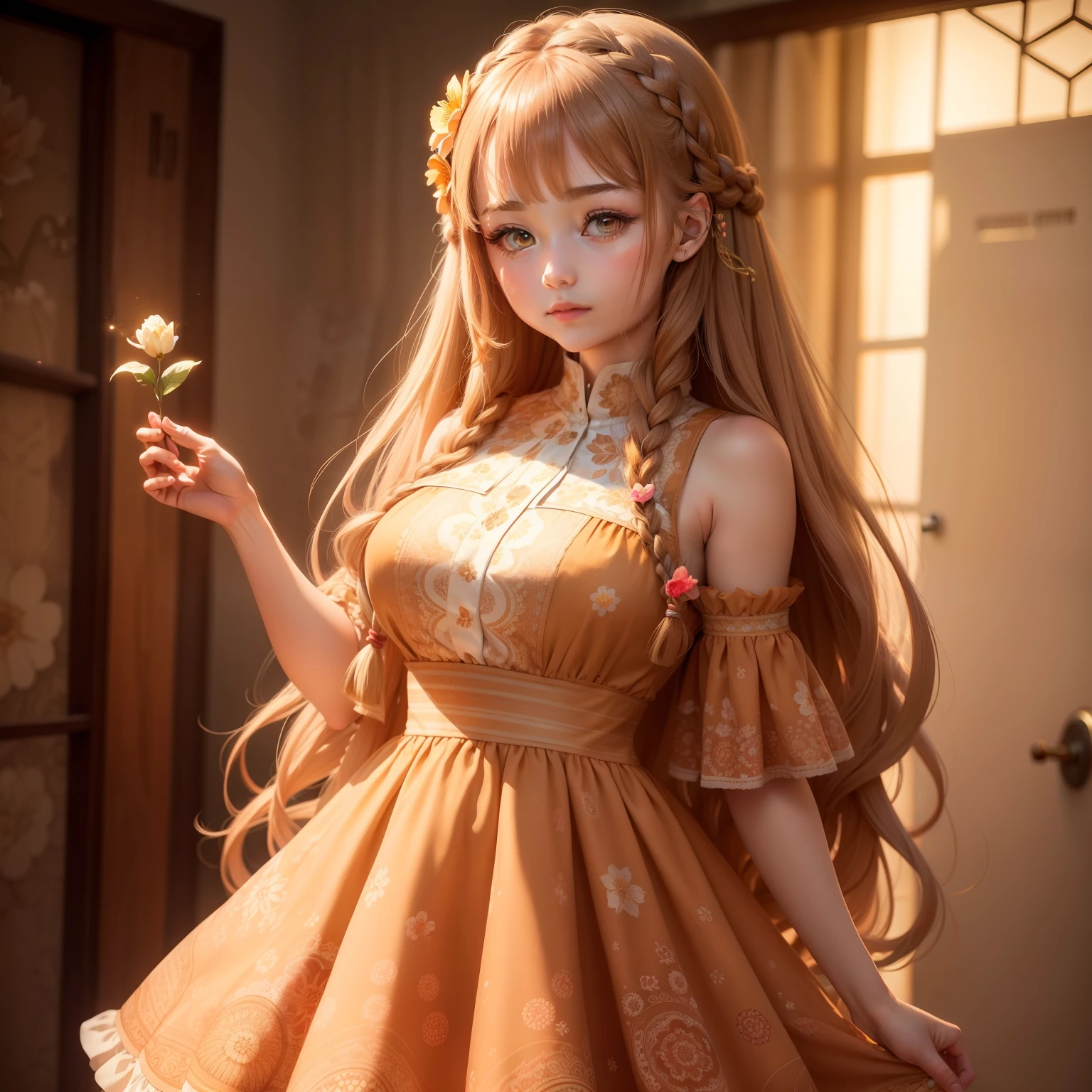 Masterpiece,Beautiful and pretty girl,long hair braided in apricot color,,Light brown glowing eyes,Retro Flower PrintのHeart Cover Dress,(upper body shot:1.2) flower-shaped zentangle,Photo 8k