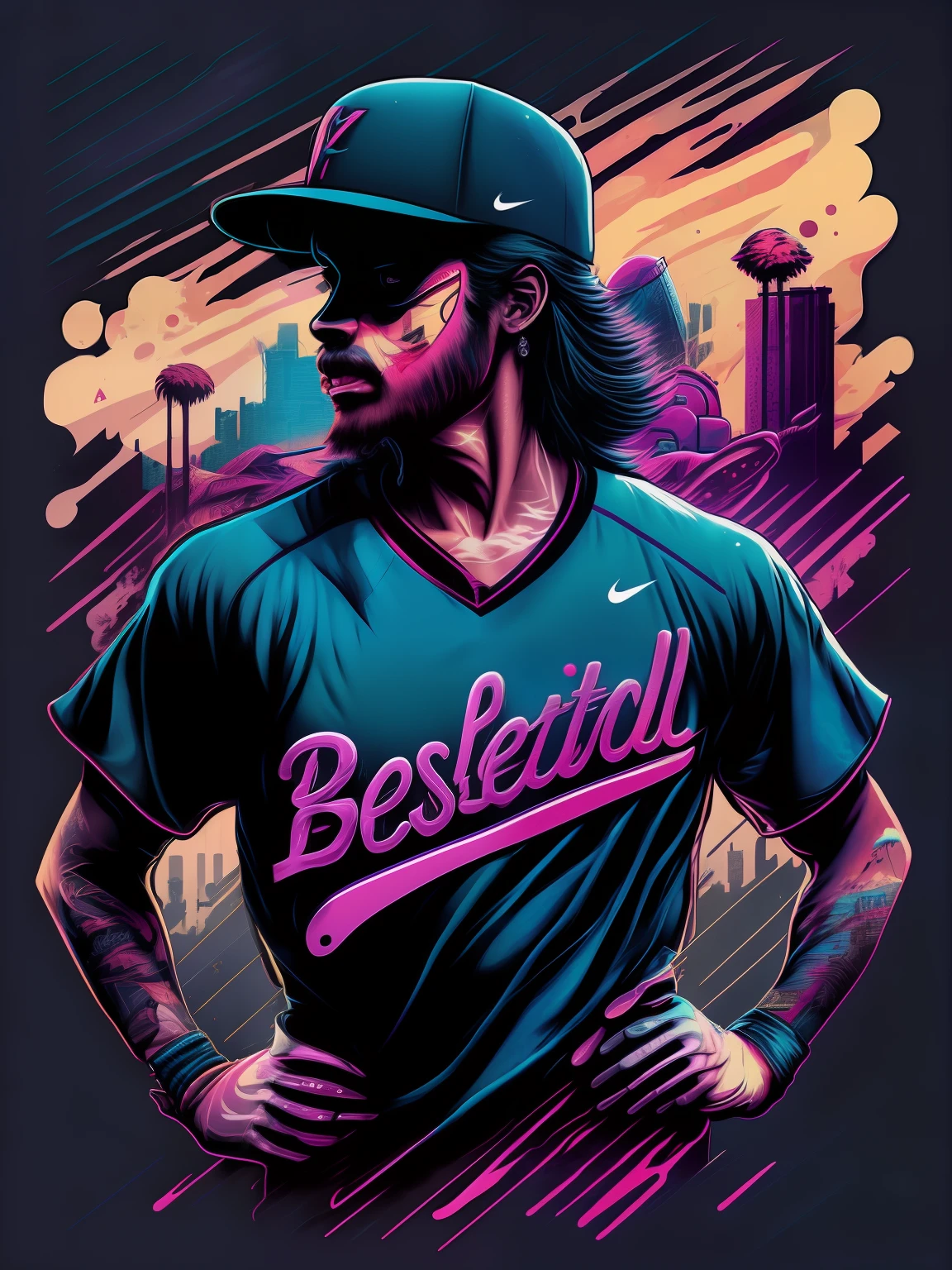 Atleta beisebol,jogador, stadium ,Grafite inspirado, cores vibrantes, NEO Tokyo, futurista, arte vetorial, design de camiseta