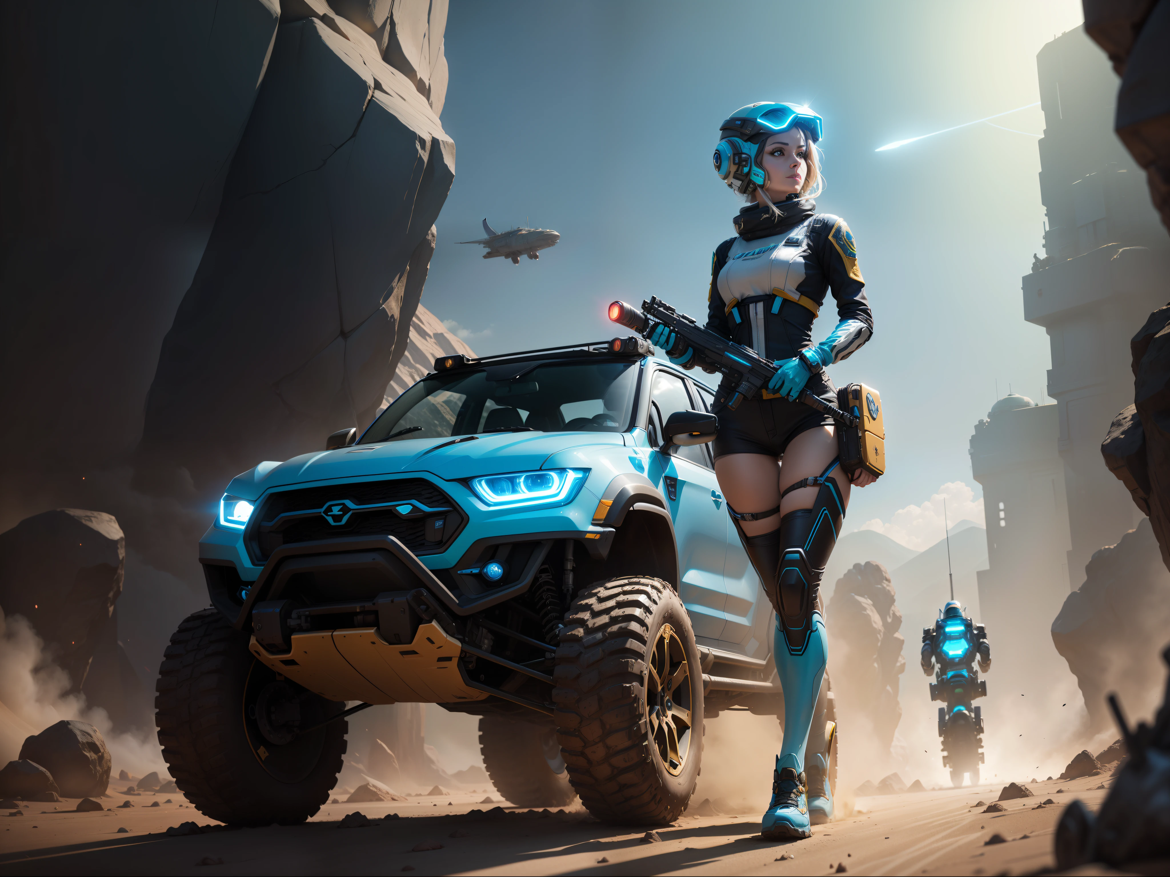 a vibrant cinematic full body photo of a female adventure in an alien world, ((((driving a )))) small ATV ground crawler combat transport. future transport, octane render, high quality ultra future blue an gold space combat visor up, alien planet background