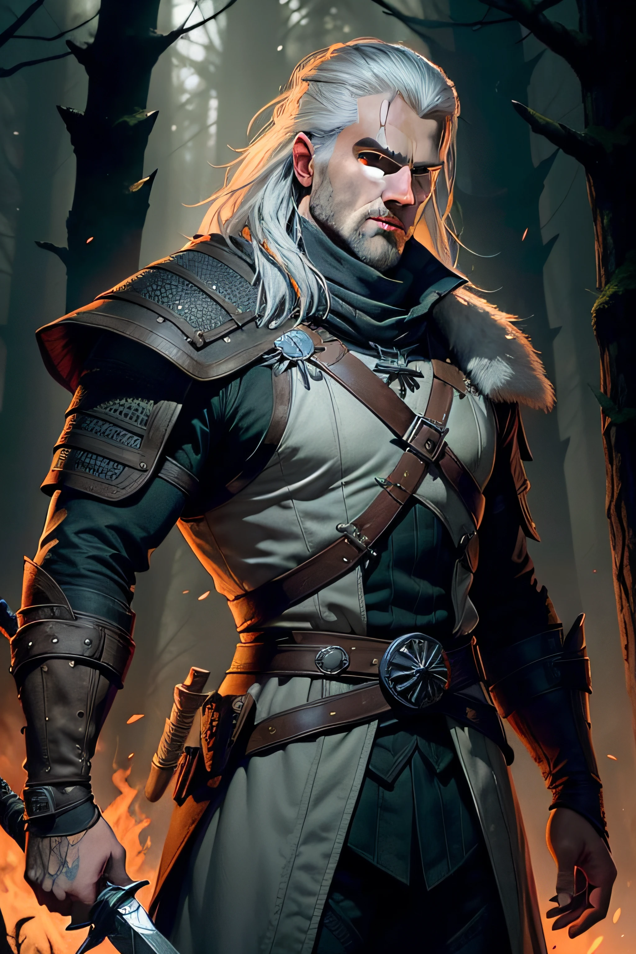 Man (white) with big gray hair, Gerald de rivia style hunter costume (the witcher 3), Man with muscular silhouette, handle of two swords on the back, orange neon colored eyes, Gerald of rivia, imposing posture, background of a forest at night, dark and terrifying forest.